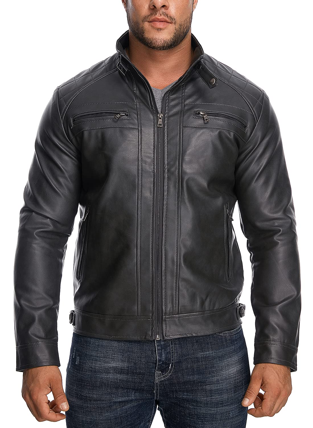 HOOD CREW Men’s Stand Collar Leather Jacket Casual Faux Leather Motorcycle Jacket Outerwear Coat with Zipper Pockets Black L