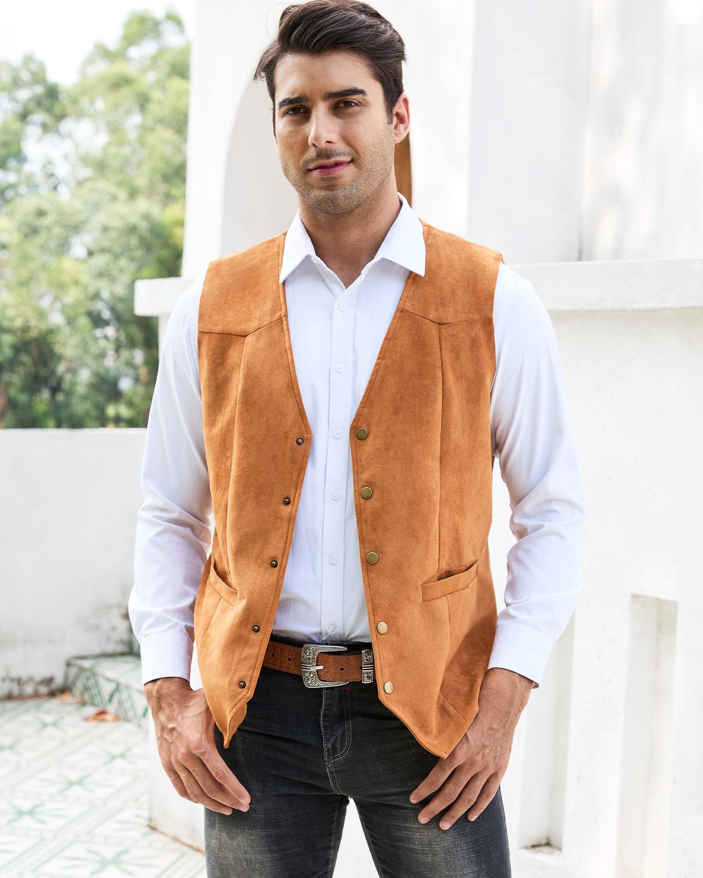 UpFind Men's Suede Leather Suit Vest V Neck Artificial Retro 5 Button Regular Vest Cowboy Style Sleeveless Jacket