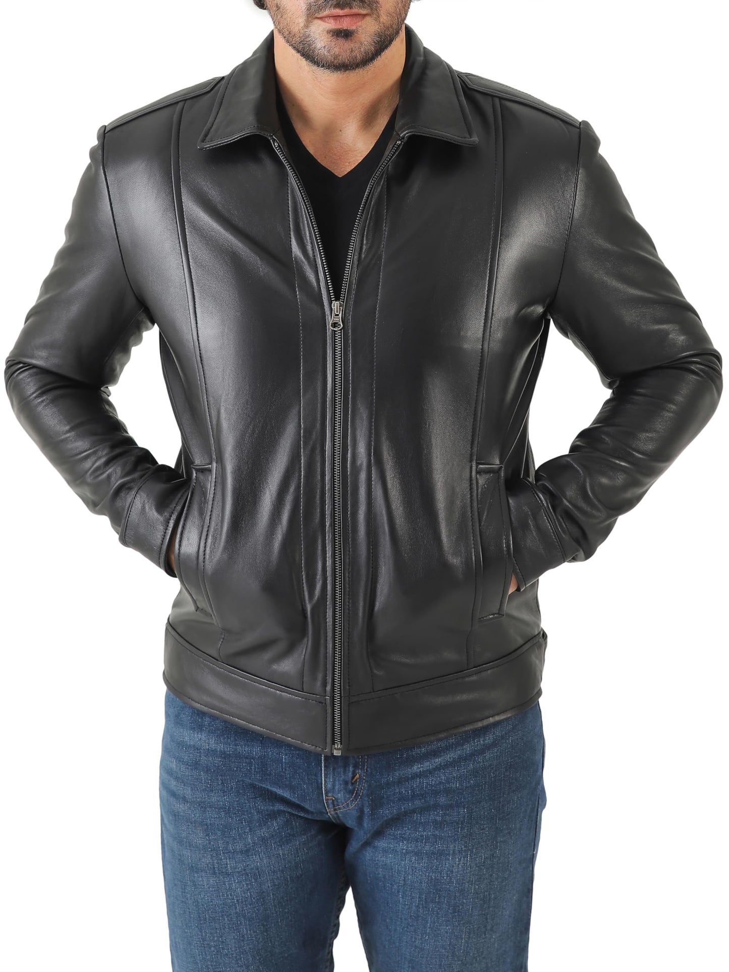 Jild Classic Shirt Collar Leather Jacket Men - John Wick Style Real Lambskin Mens Leather Jacket (John.W-Blk-XL)