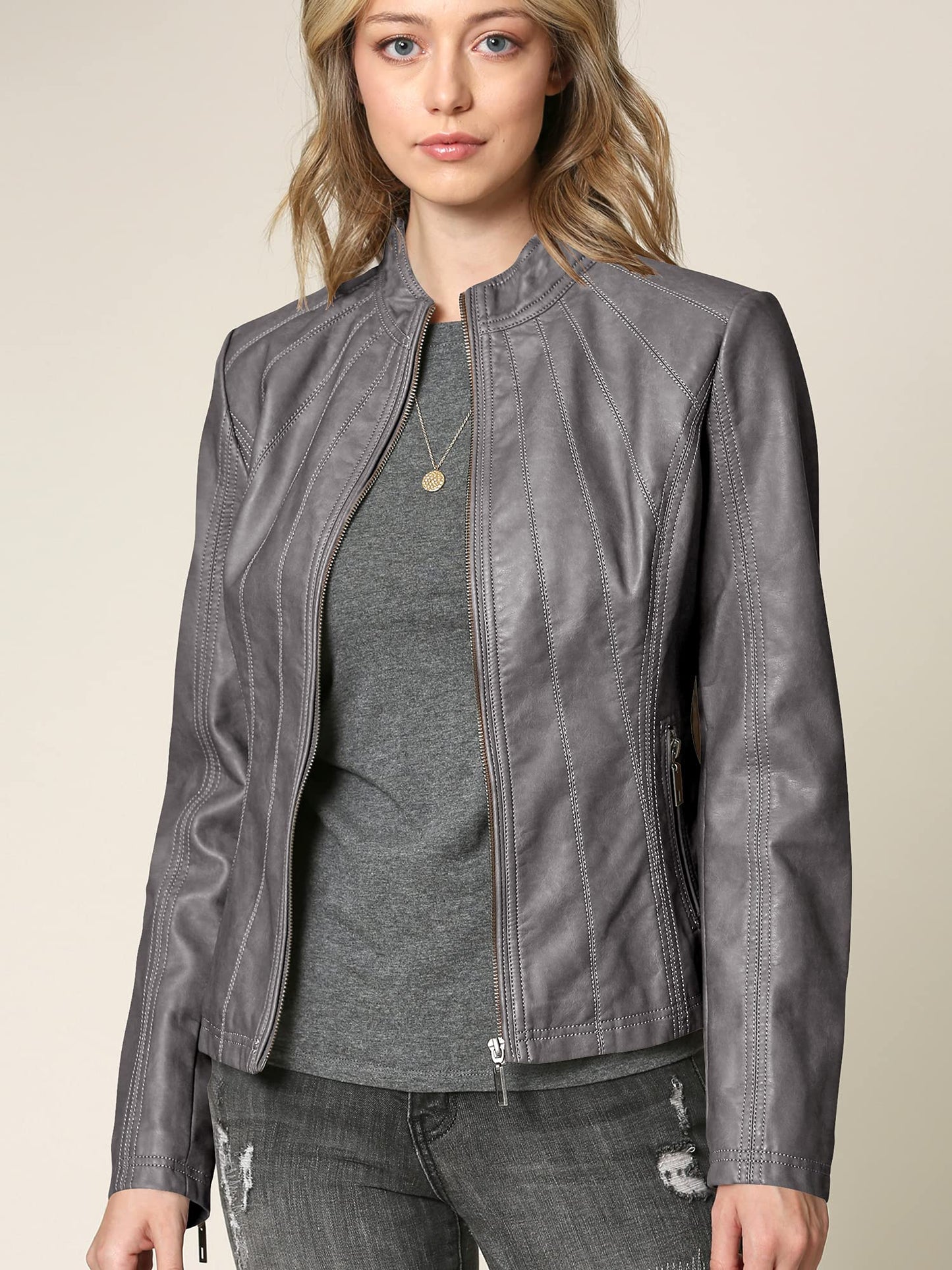 Lock and Love LL WJC877 Womens Panelled Faux Leather Moto Jacket M Grey