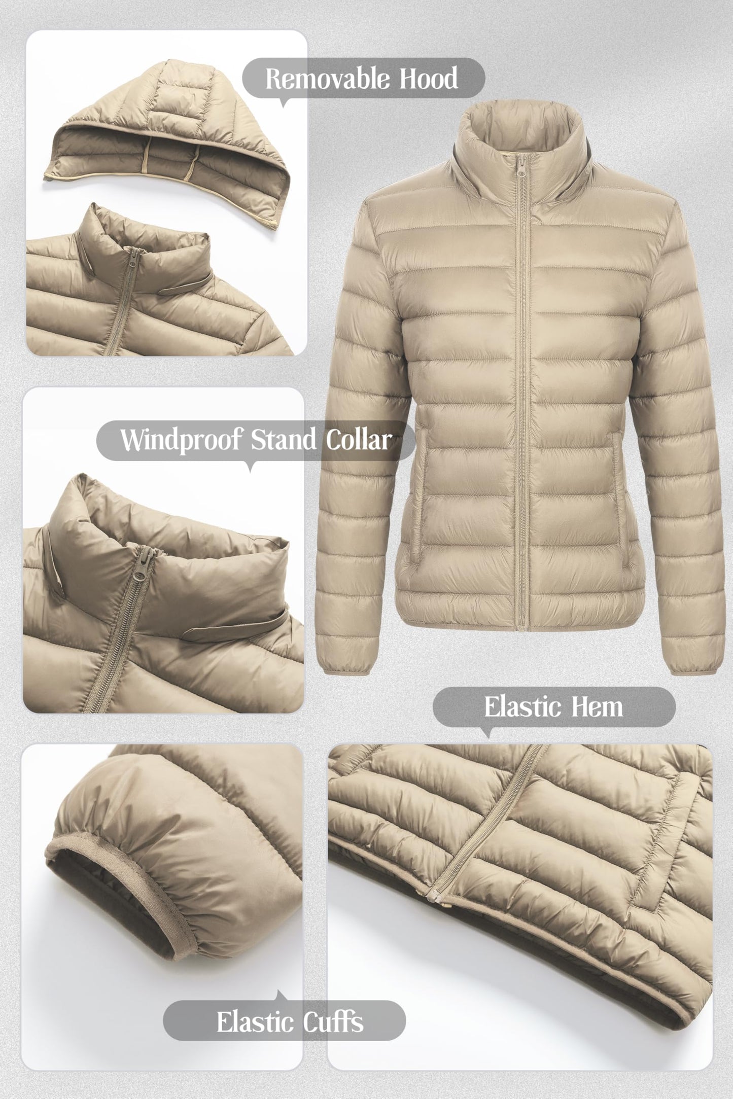Chrisuno Winter Jackets For Women Women's Packable Puffer Jacket Lightweight Warm Quilted Coat With Detachable Hood Khaki 2XL
