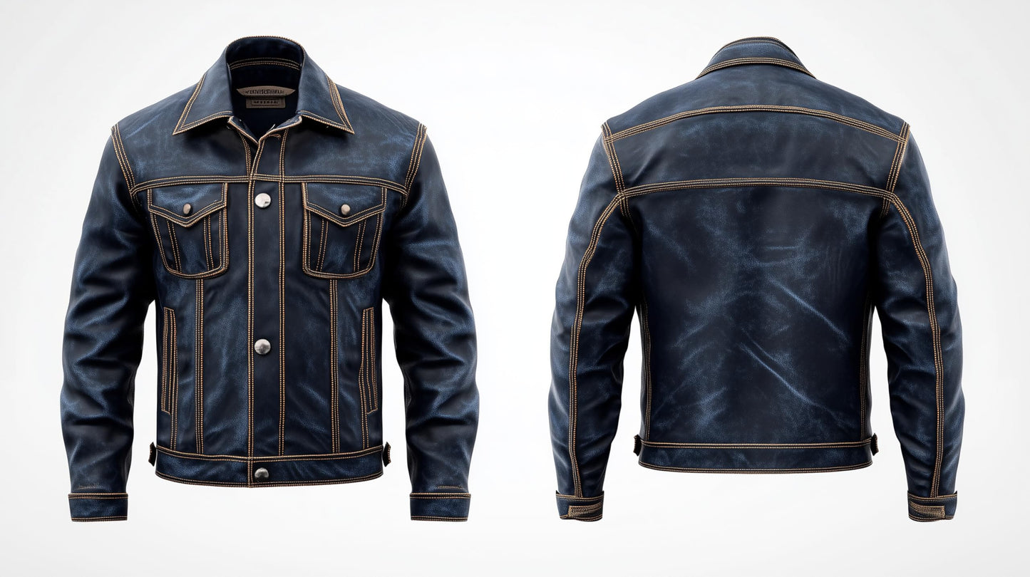 Sumairah Mens Blue Trucker Denim Style Jacket Multi Pocket Genuine Leather Jackets(Navy Blue Genuine Leather, Medium)