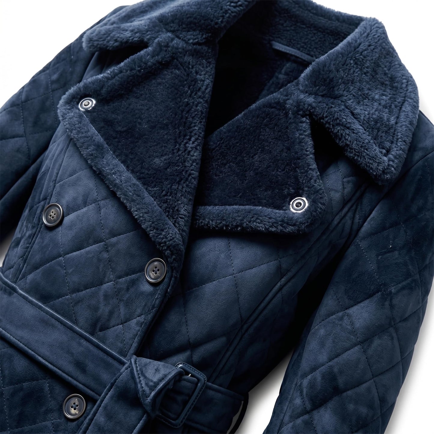 Women’s Navy Blue Suede Trench Coat Double Breasted Knee Length Autumn Quilted Leather Outerwear With Belt & Diamond Stitch (US, Alpha, X-Large, Regular, Regular, Navy Blue)
