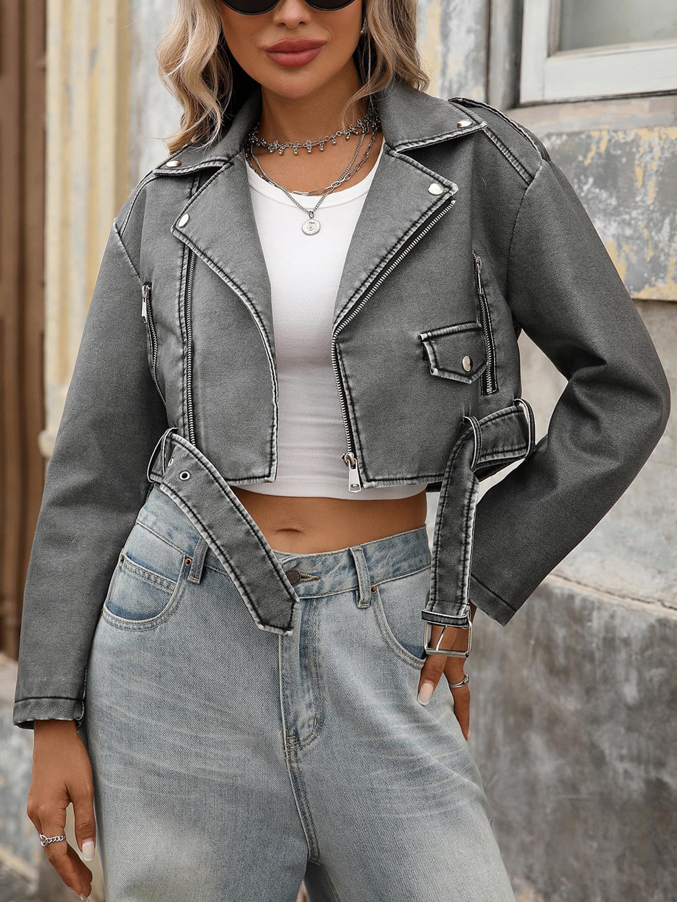LY VAREY LIN Women Faux Leather Cropped Jacket Bomber Aviator Motor Biker Coat with Belt