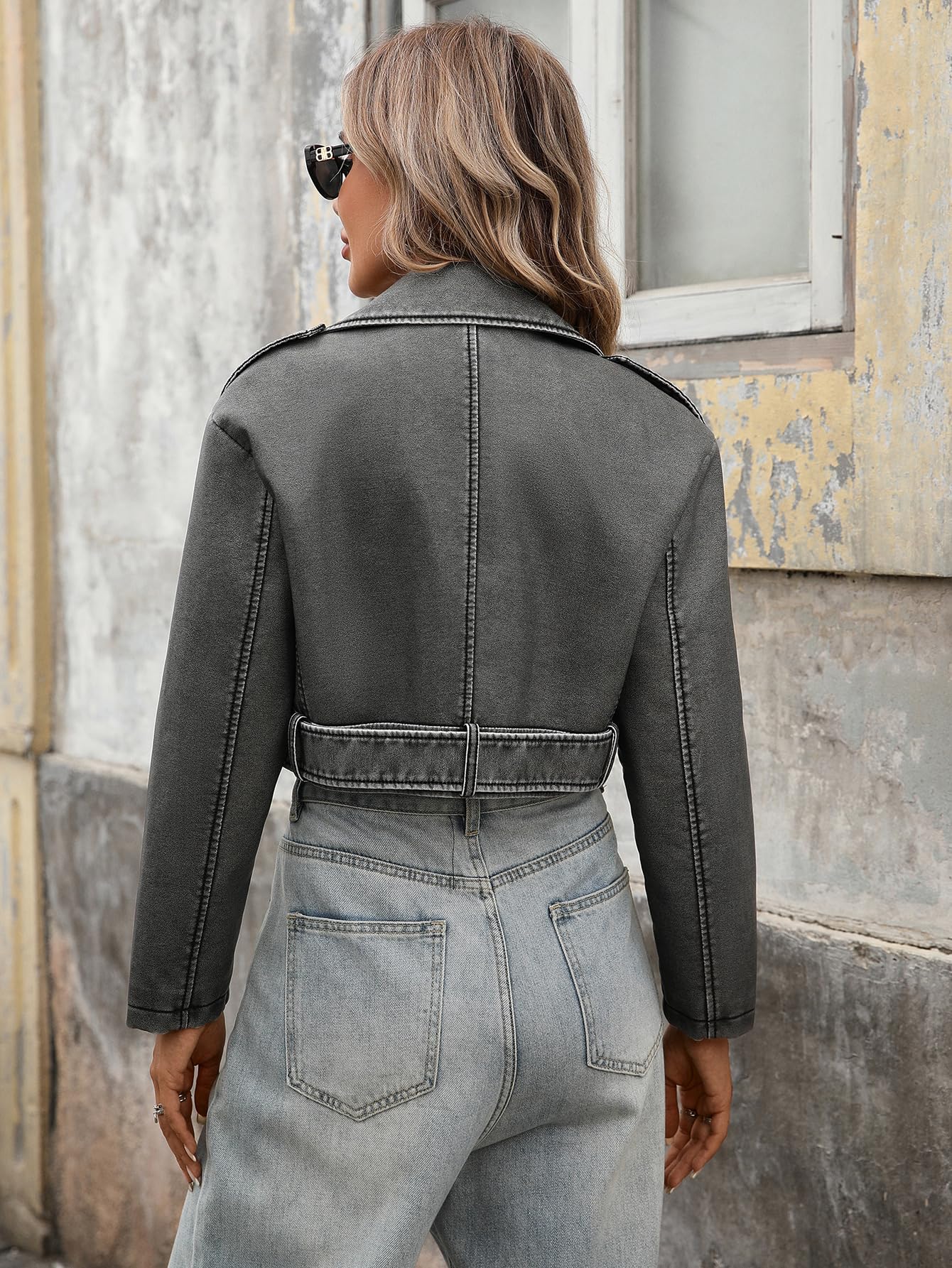 LY VAREY LIN Women Faux Leather Cropped Jacket Bomber Aviator Motor Biker Coat with Belt