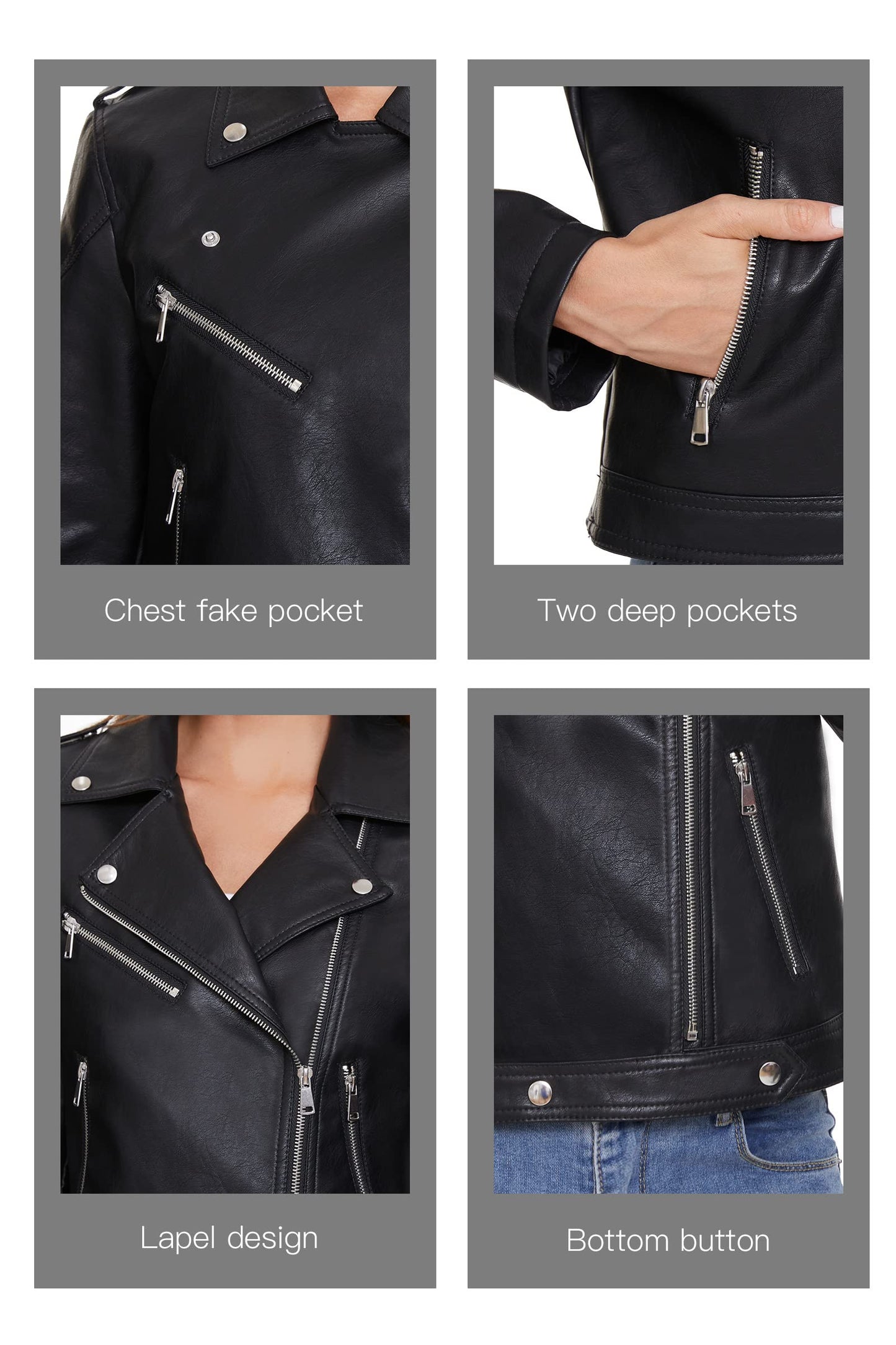 Fahsyee Women's Faux Leather Jackets, Zip Up Motorcycle Short PU Moto Biker Outwear Fitted Slim Coat Black Size M