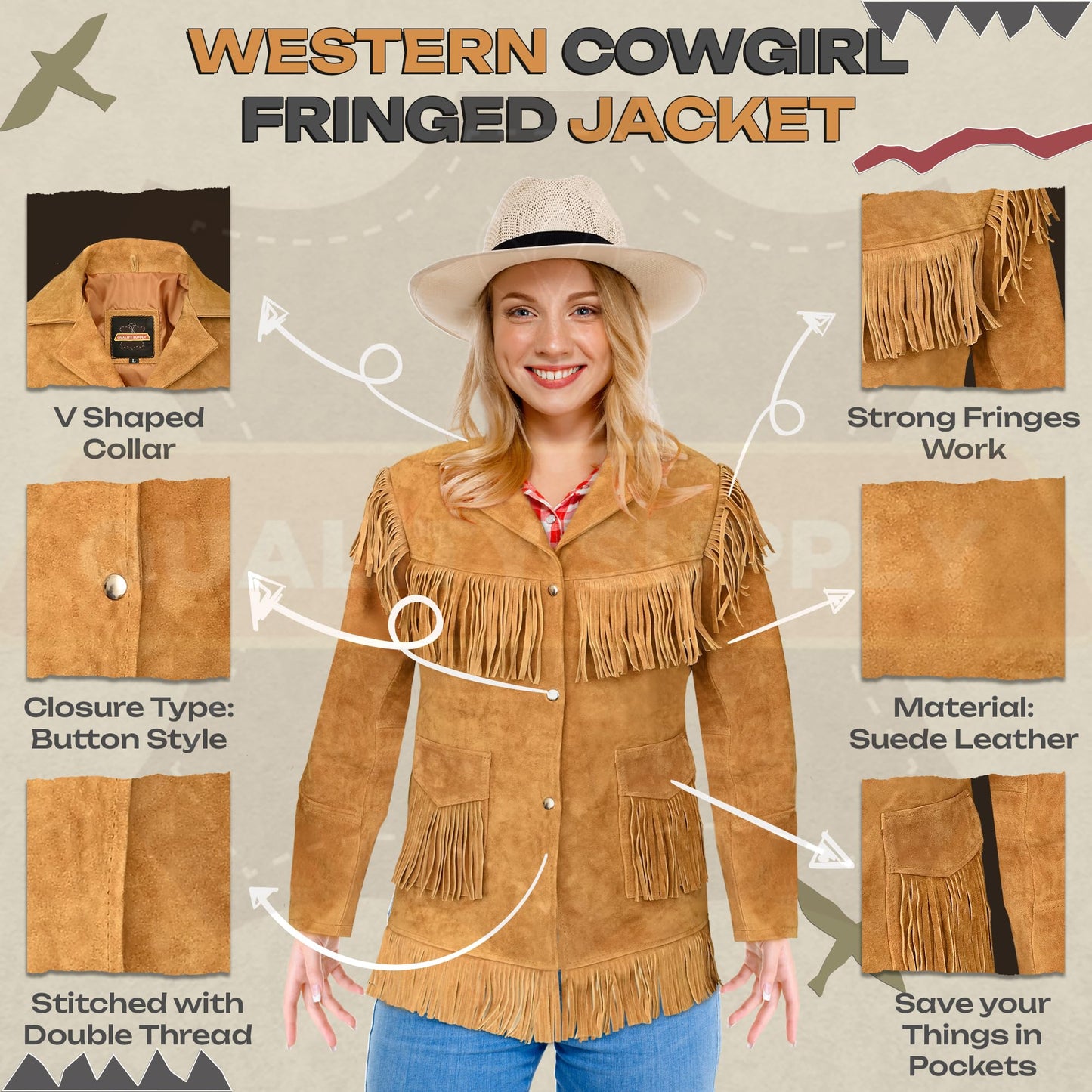 Quality Supply Western Genuine Leather Suede Jacket Women Cowlady Native American Ladies Fringe Cowgirl Jacket with Tassels-L