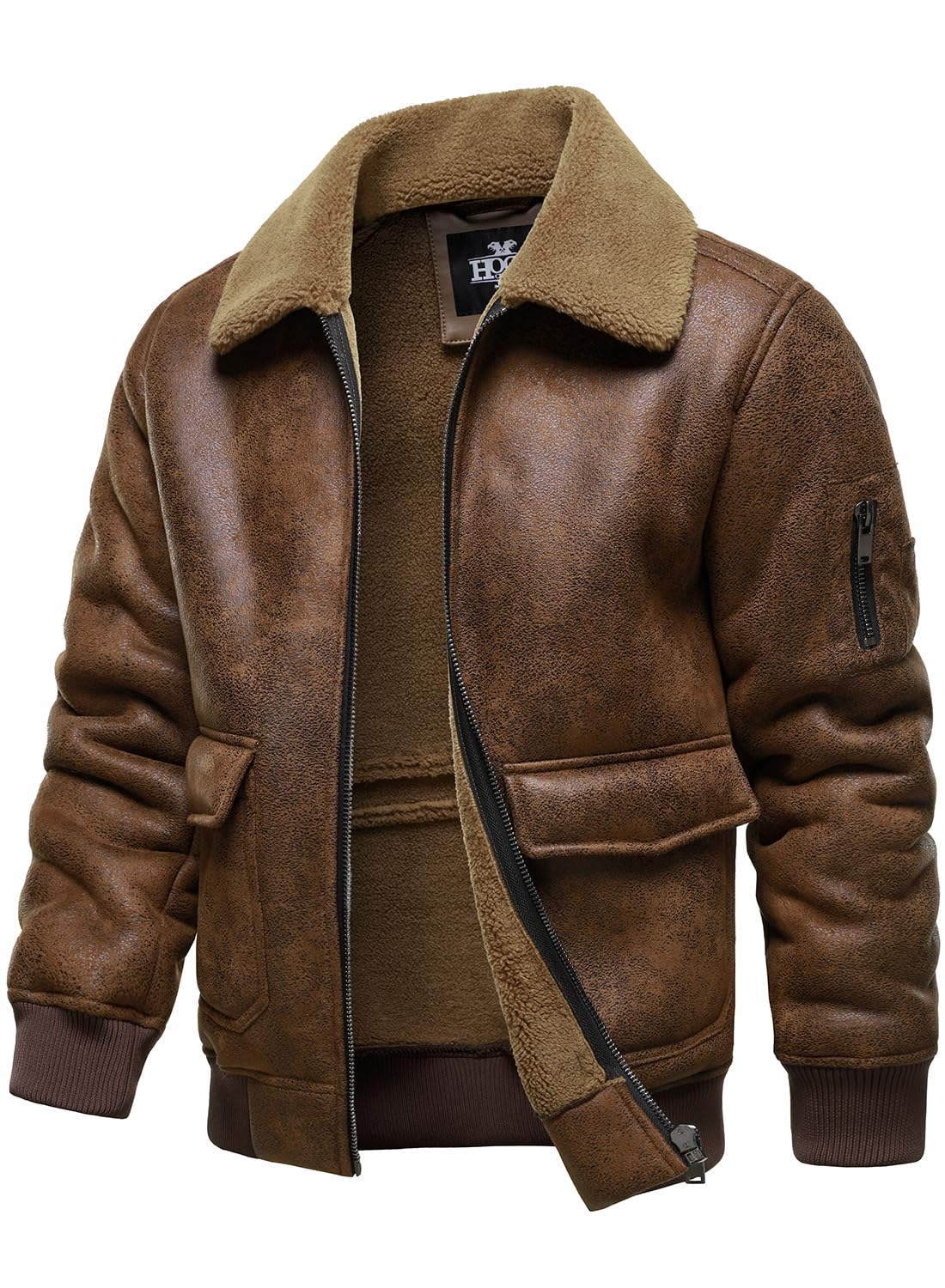 HOOD CREW Men's Faux Leather Motorcycle Jacket Men Bomber Jacket Warm Sherpa Fleece Lined Winter Coat Aviator Flight Jackets Brown L