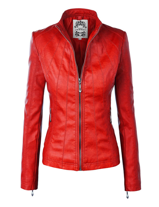 MBJ WJC877 Womens Panelled Faux Leather Moto Jacket M RED