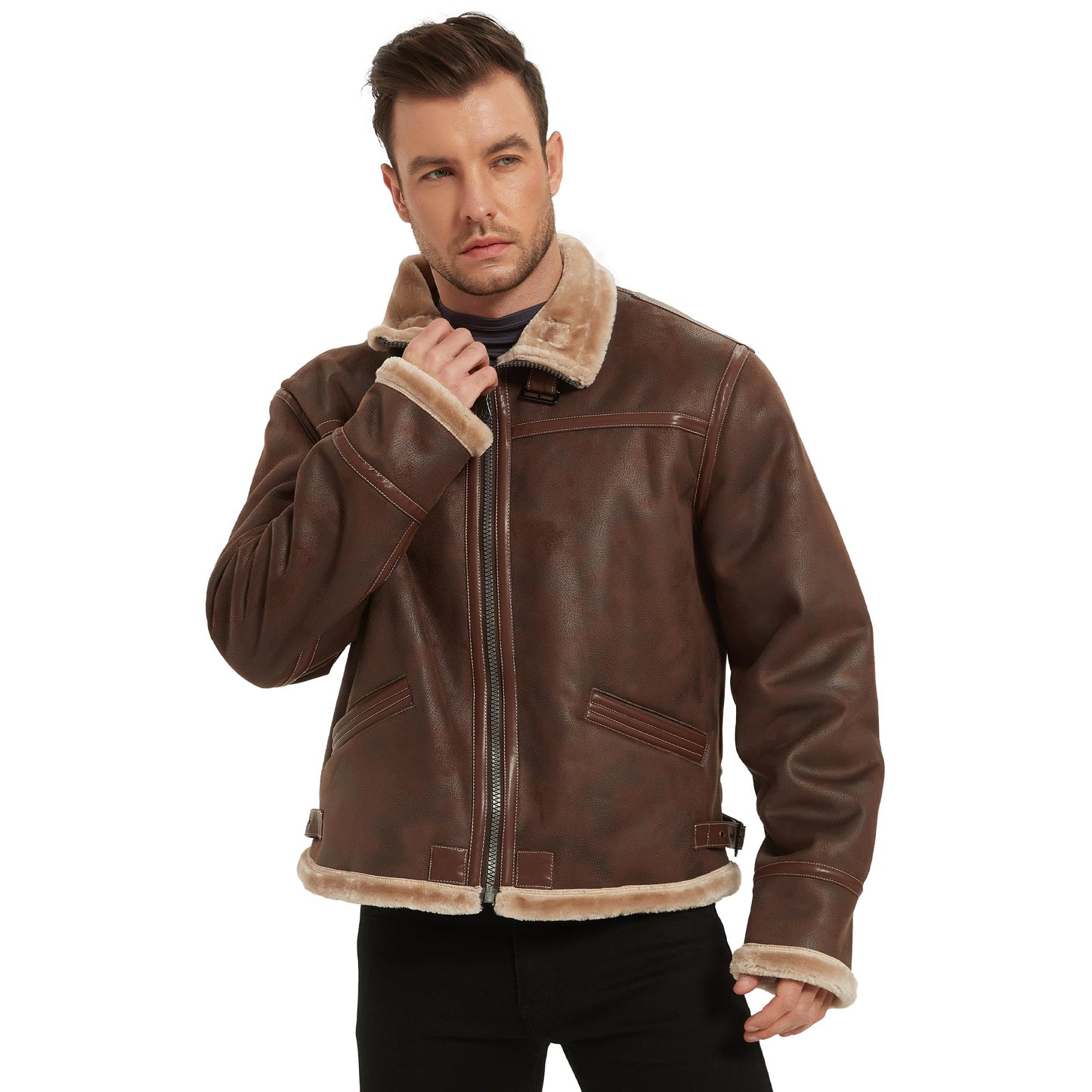 Mifidy Leather Bomber Jacket Men, Fur Shearling Outdoor Classic Brown Aviator Flight Leon Cosplay Coat Motorcycle Jacket Daily Wear Hiking Gift Small