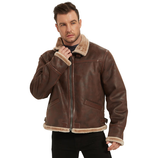 Mifidy Leather Bomber Jacket Men, Fur Shearling Outdoor Classic Brown Aviator Flight Leon Cosplay Coat Motorcycle Jacket Daily Wear Hiking Gift Small