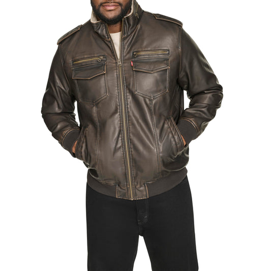Levi's Men's Faux Leather Aviator Bomber Jacket (Regular & Big & Tall Sizes), Dark Brown/Sherpa Lined, 6X