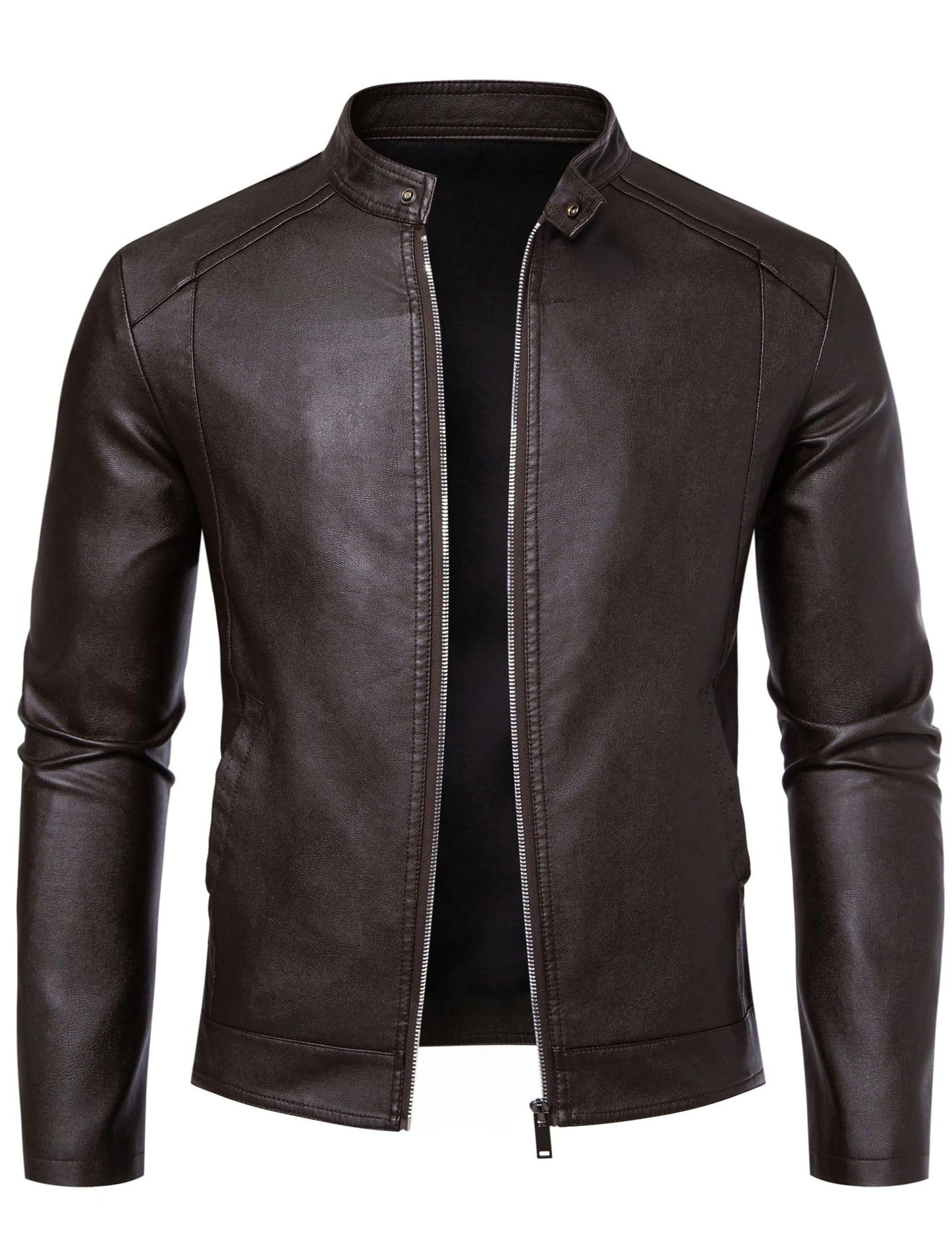 Dark Brown Leather Jacket Men Faux Leather Motorcycle Jackets Biker Coat L