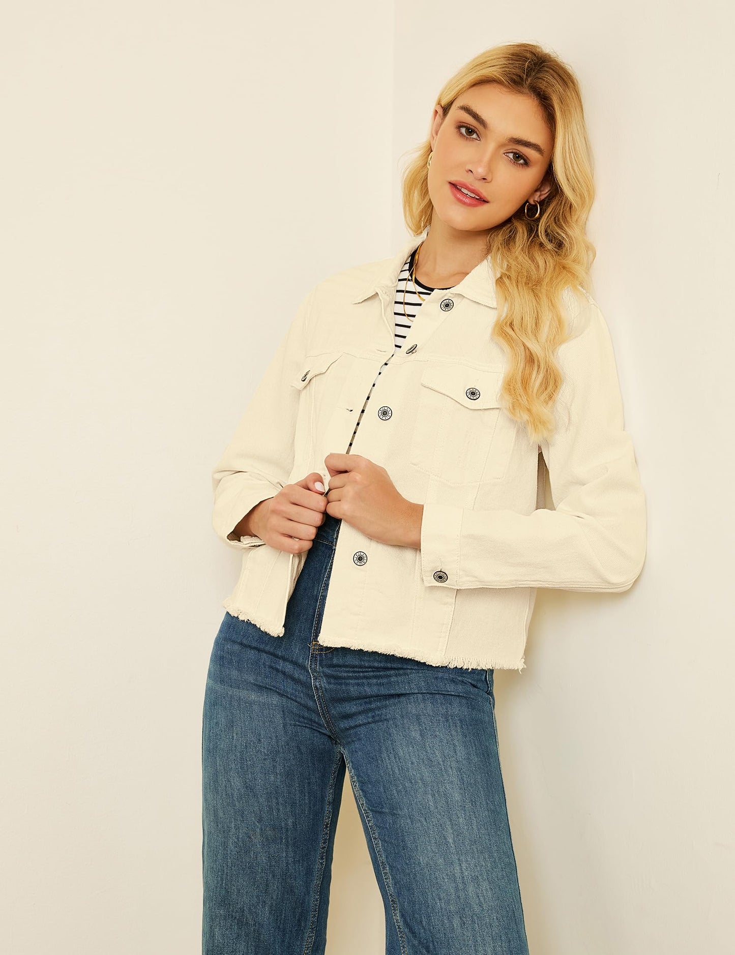 luvamia Denim Jacket for Women Distressed Jean Jackets Button Up Vintage Western Trucker Jacket Frayed Hem Pockets Vanilla Medium