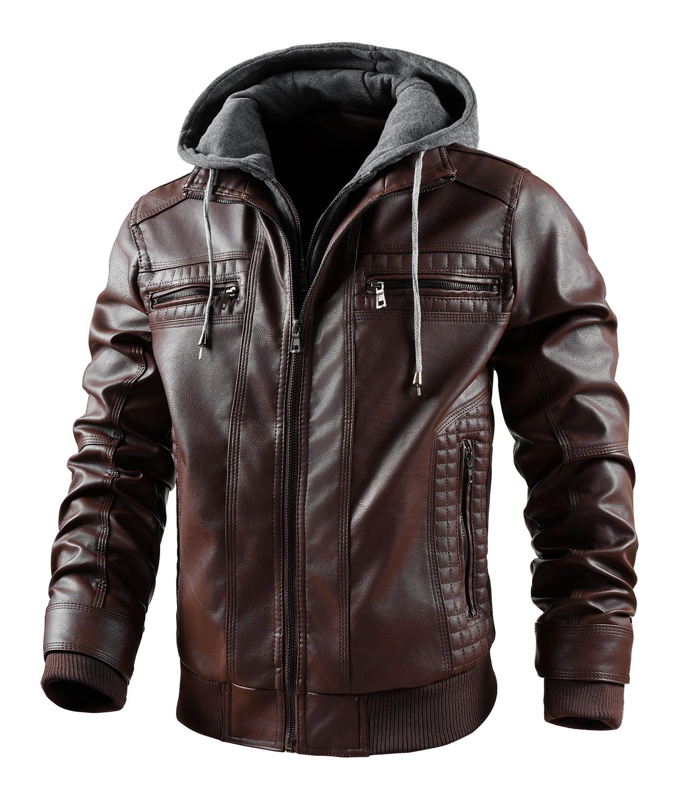 INVACHI Men's Leather Jacket Motorcycle Bomber Jacket Windproof PU Vintage Jacket with Removable Hood (US, Alpha, Medium, Regular, Regular, Coffee)