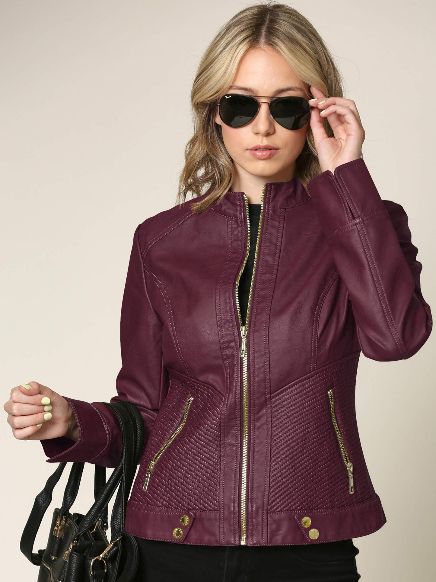 Lock and Love LL WJC747A Womens Dressy Vegan Leather Biker Jacket XS Wine