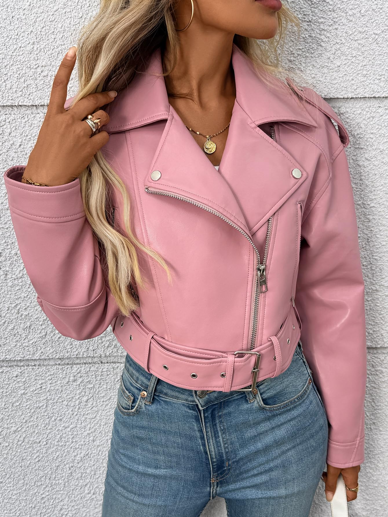 LY VAREY LIN Women Faux Leather Cropped Jacket Vegan Motor Biker Coat with Belt