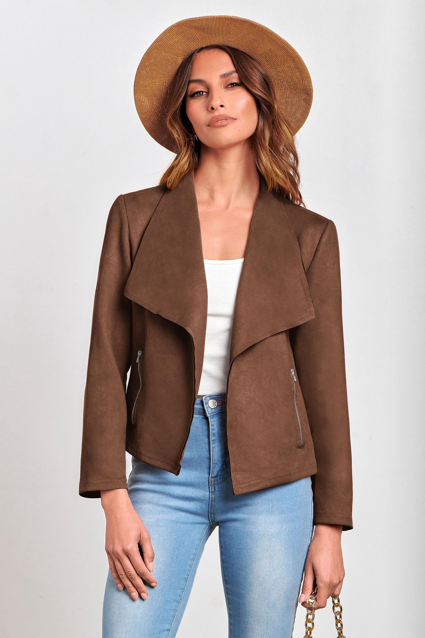 PRETTYGARDEN Women 2026 Fashion Fall Coats Outerwear Long Sleeve Open Front Crop Faux Suede Leather Jackets (Coffee,Large)