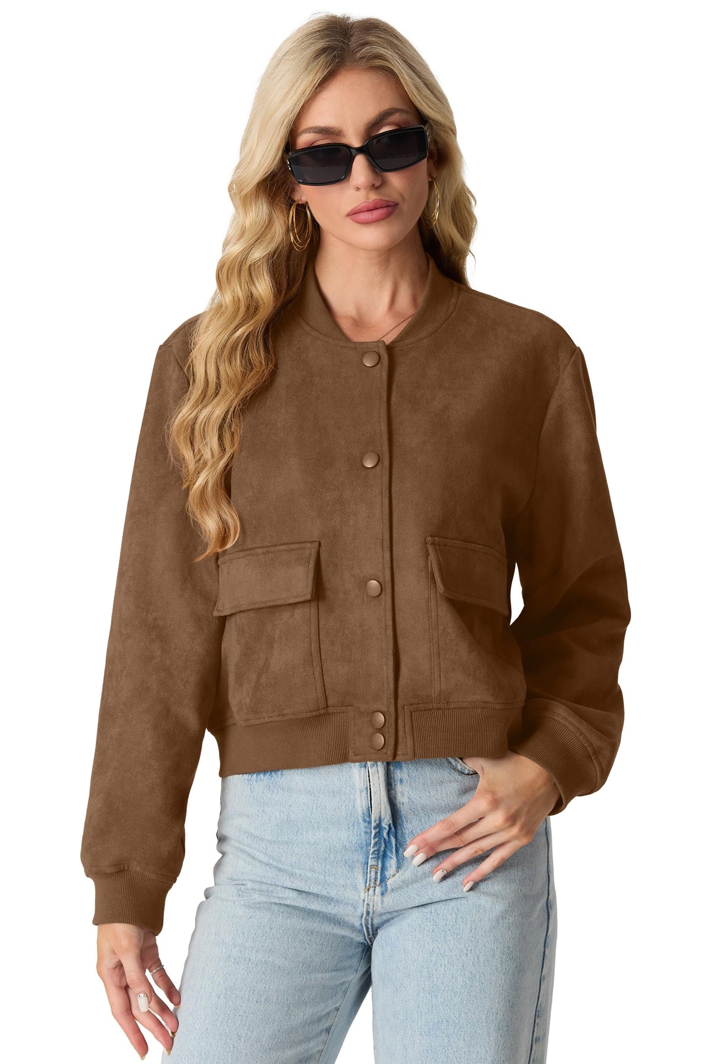 GRECERELLE Womens Bomber Jacket Cropped Button Down Varsity Jacket Long Sleeve Casual Outwear With Pockets (Dark Coffee, Medium)