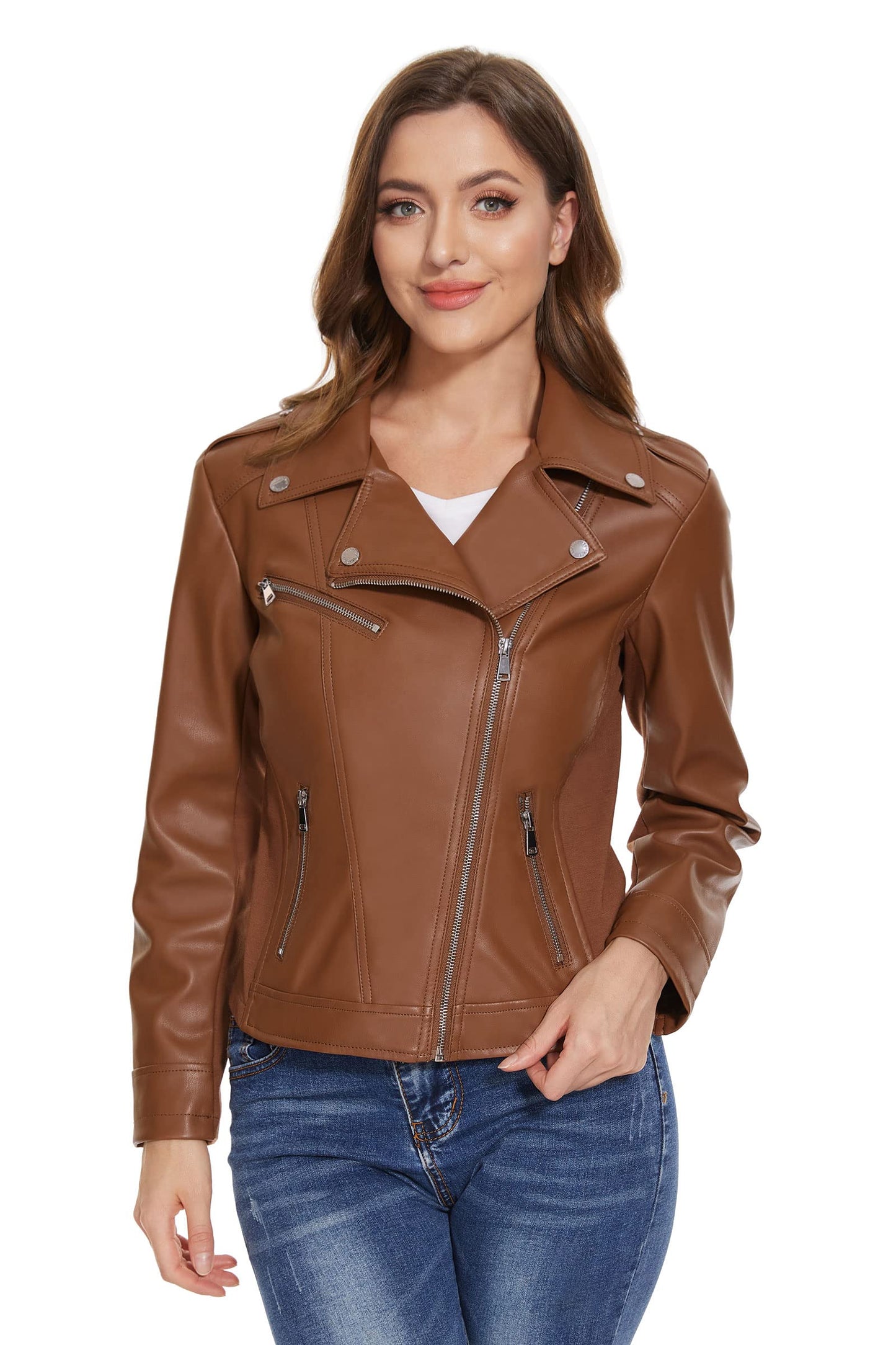 Fahsyee Women's Faux Leather Jackets, Zip Up Motorcycle Elastic Sleeve Short PU Moto Biker Outwear Fitted Coat Brown M