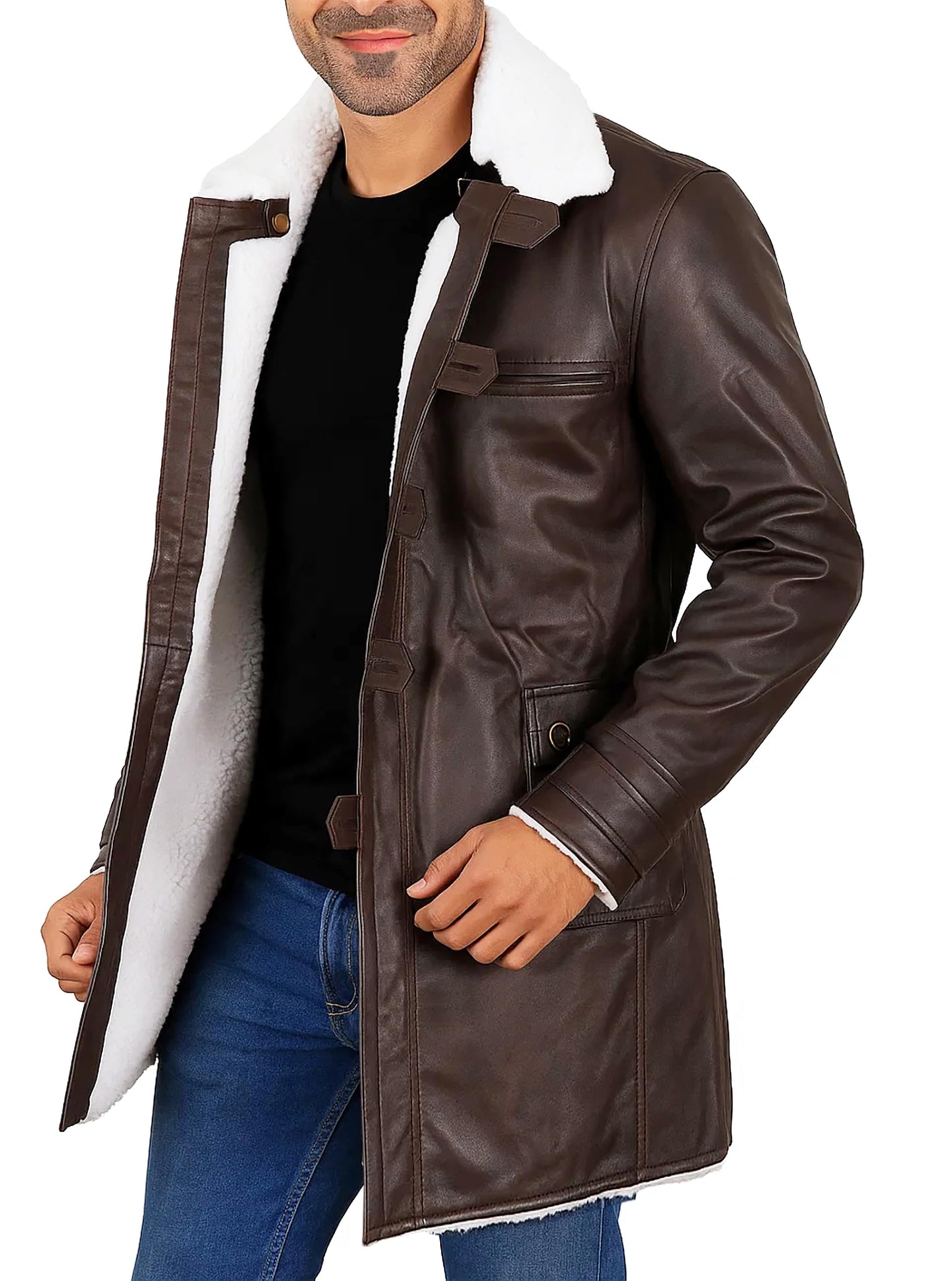 III-Fashions Men's BN Faux Fur Shearling Brown Faux Leather Pea Coat Costume Winter Overcoat