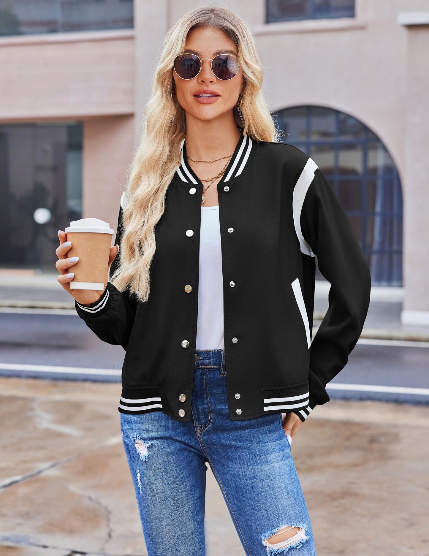 Zeagoo Women's Bomber Jacket Fall Lightweight Button Up Varsity Jacket Casual Striped Work School Outerwear with Pockets