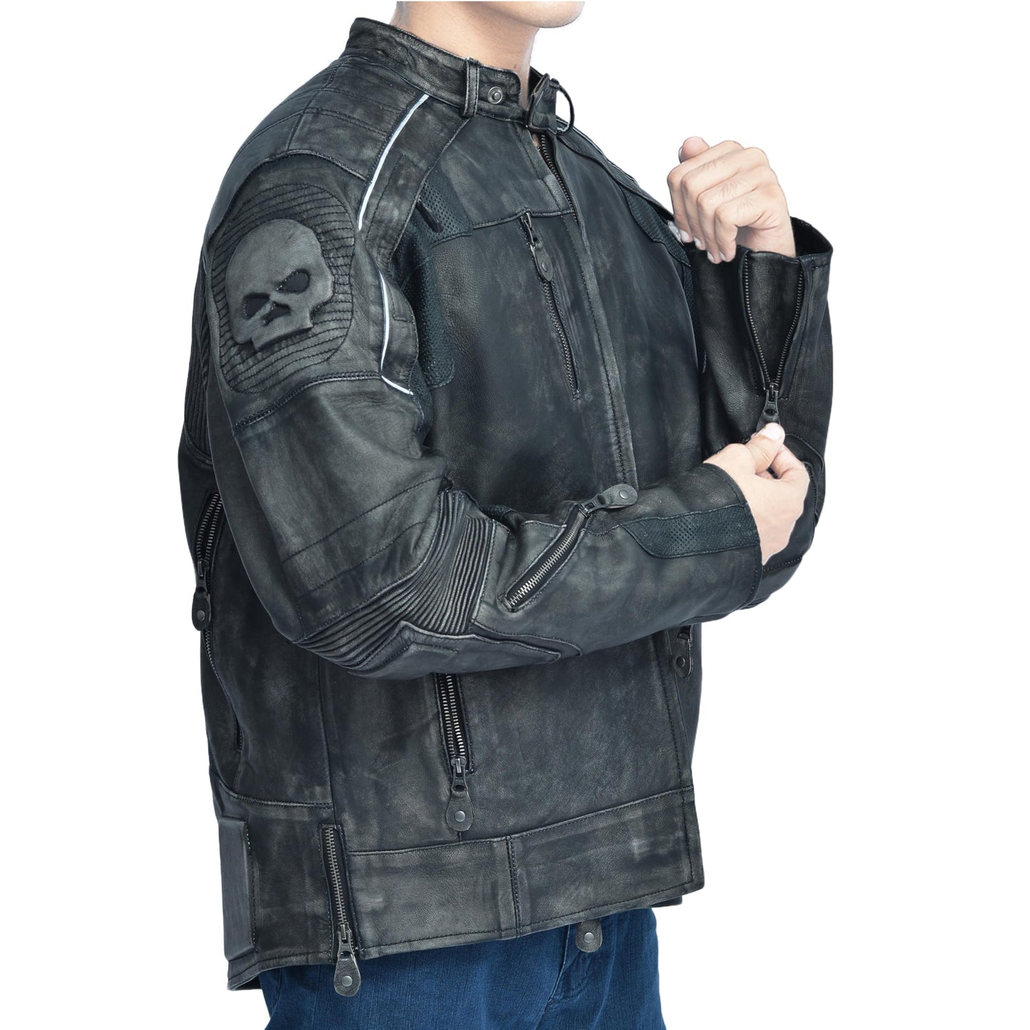 Mulch Leather Co Men's Genuine Leather Skull Motorcycle Jacket Armored Biker Riding Jacket | Air Vents, Reflective Safety Panels, Impact Padding, Distressed Finish (Large, Black Distressed)
