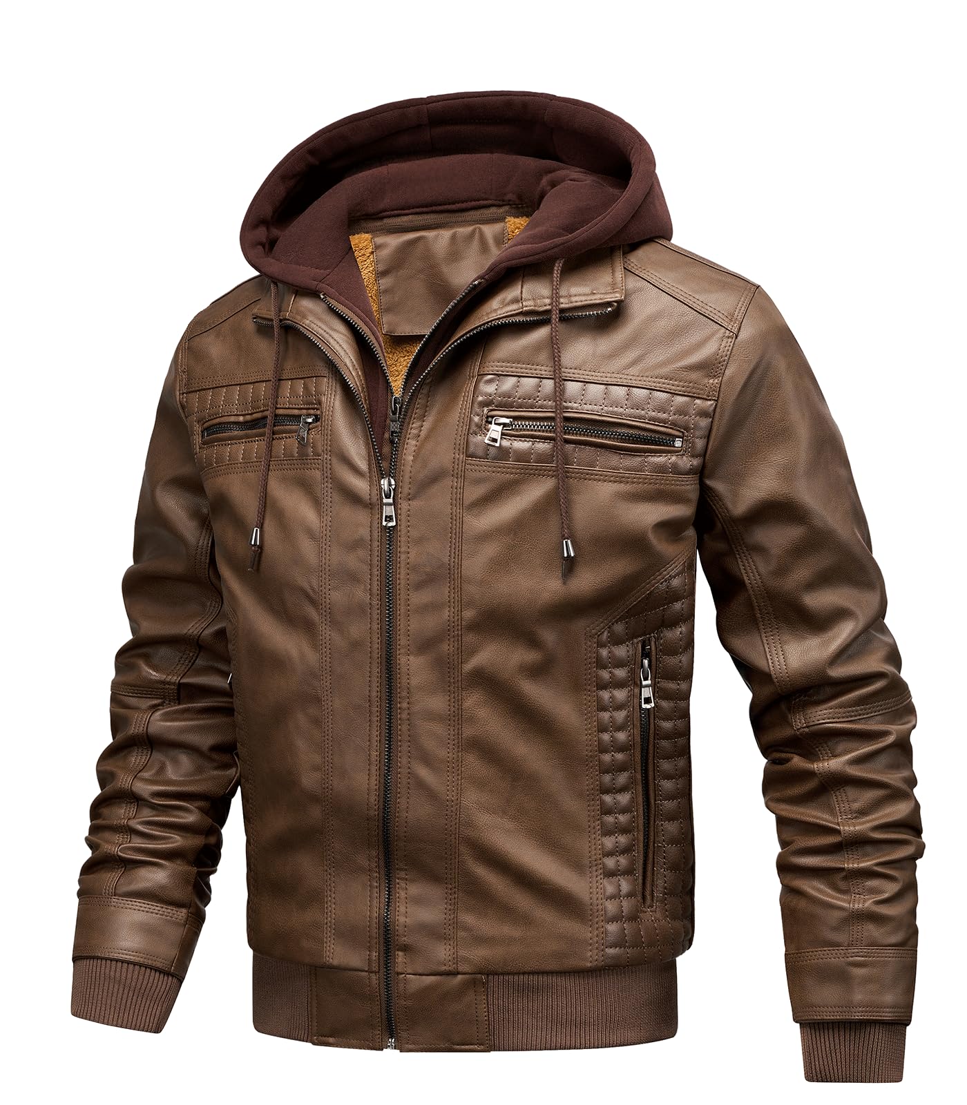 INVACHI Men's Faux Leather Motorcycle Jacket with Removable Hood Windproof Vintage PU Biker Bomber Coat with Fleece Lining