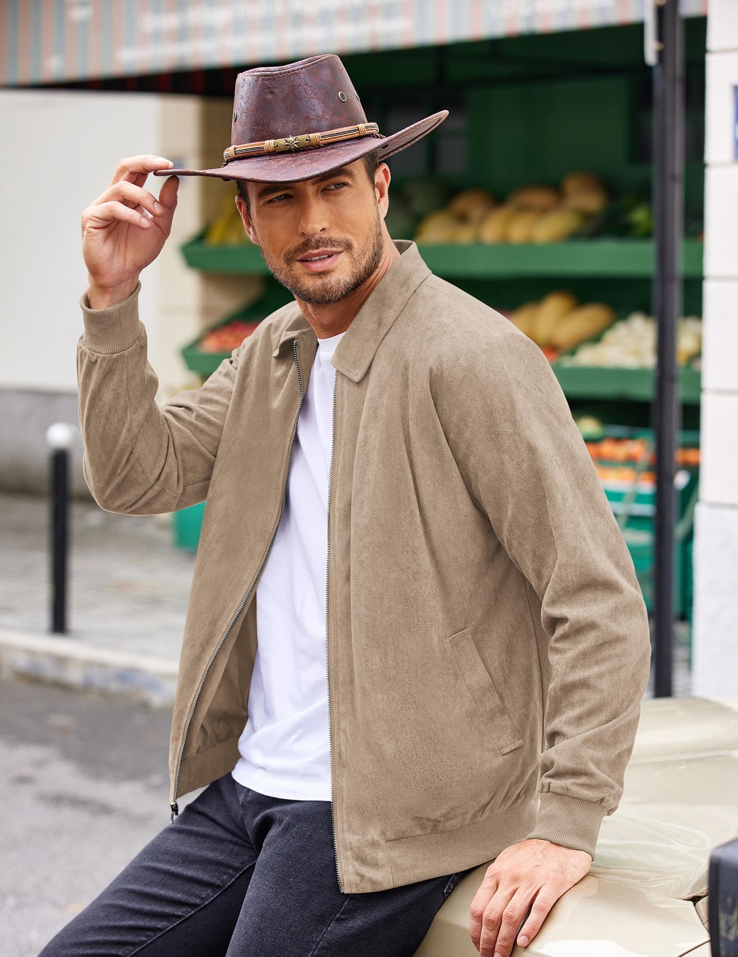 COOFANDY Men's Lightweight Leather Jacket Faux Suede Trucker Zipper Jacket