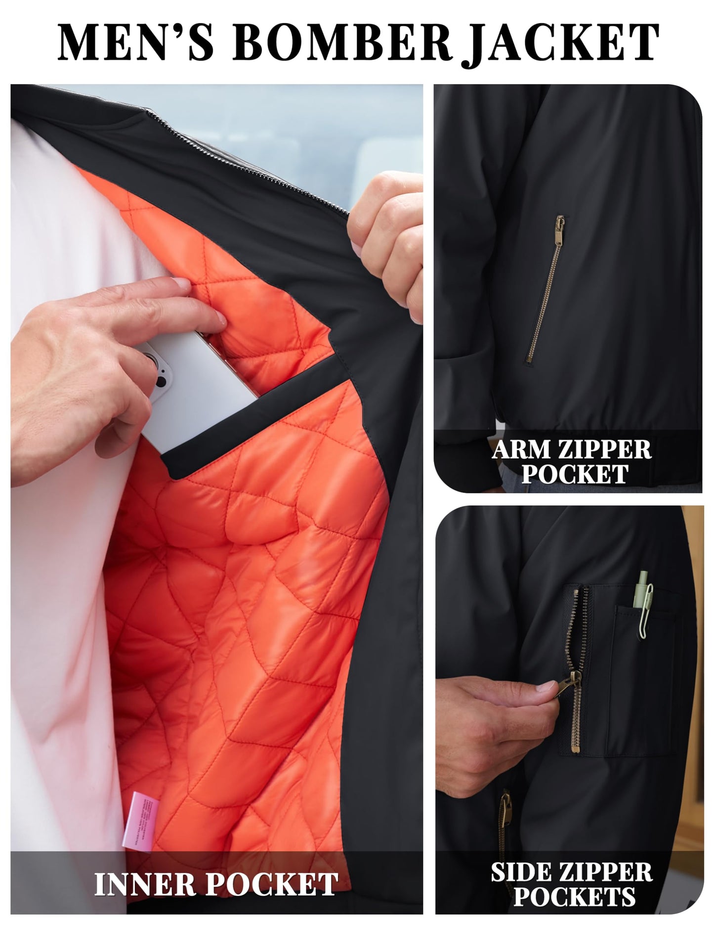 TACVASEN Black Bomber Jacket Men Zip Up Winter Windbreaker Lightweight Softshell Coats Outwear Black, M