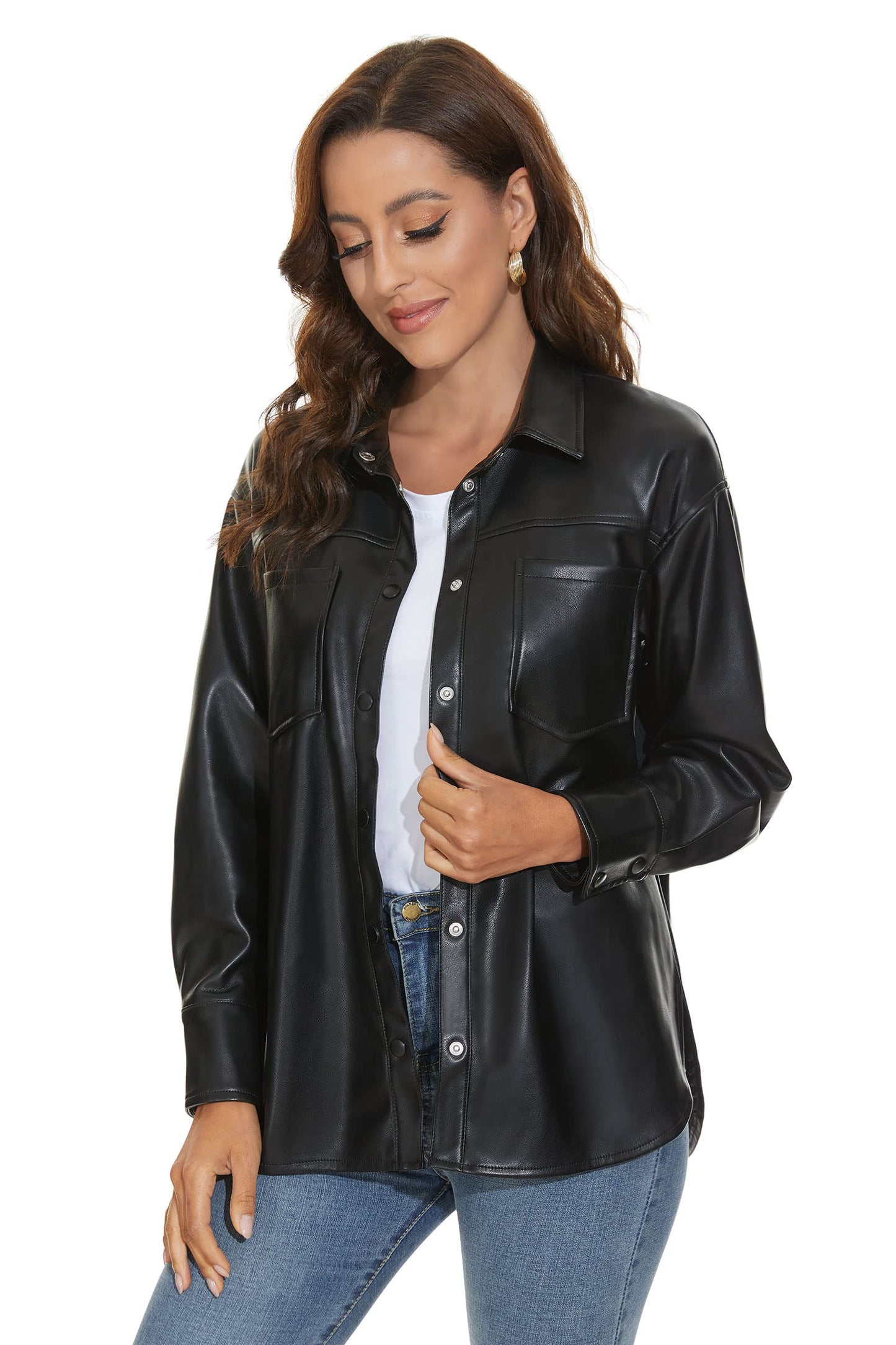 Fahsyee Women Faux Leather Shacket Moto Biker Shirts Loose Fit Blazer Long Sleeves Button Casual Jacket Plus Size S-XXL