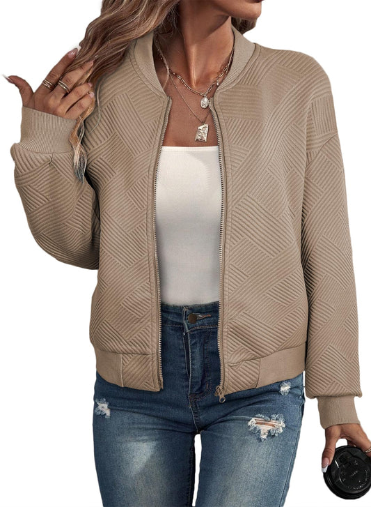 EVALESS Women's Cropped Bomber Jacket Casual Long Sleeve Full Zipper Lightweight Outwear Fall Winter Shacket Jackets Coat with Pockets Small Dark Khaki