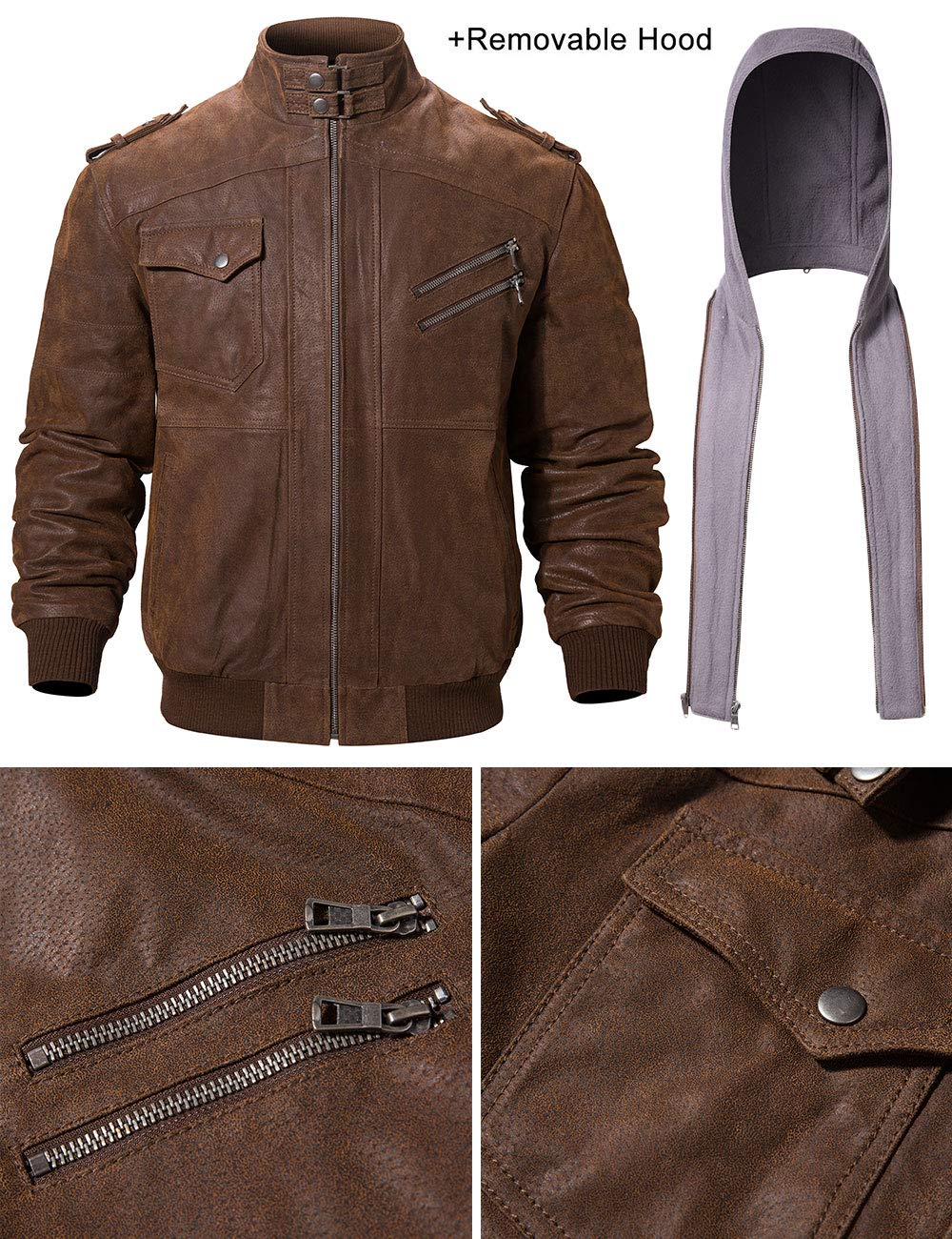 FLAVOR Men Brown Leather Motorcycle Jacket with Removable Hood. (Large (US standard), Brown+Gray)