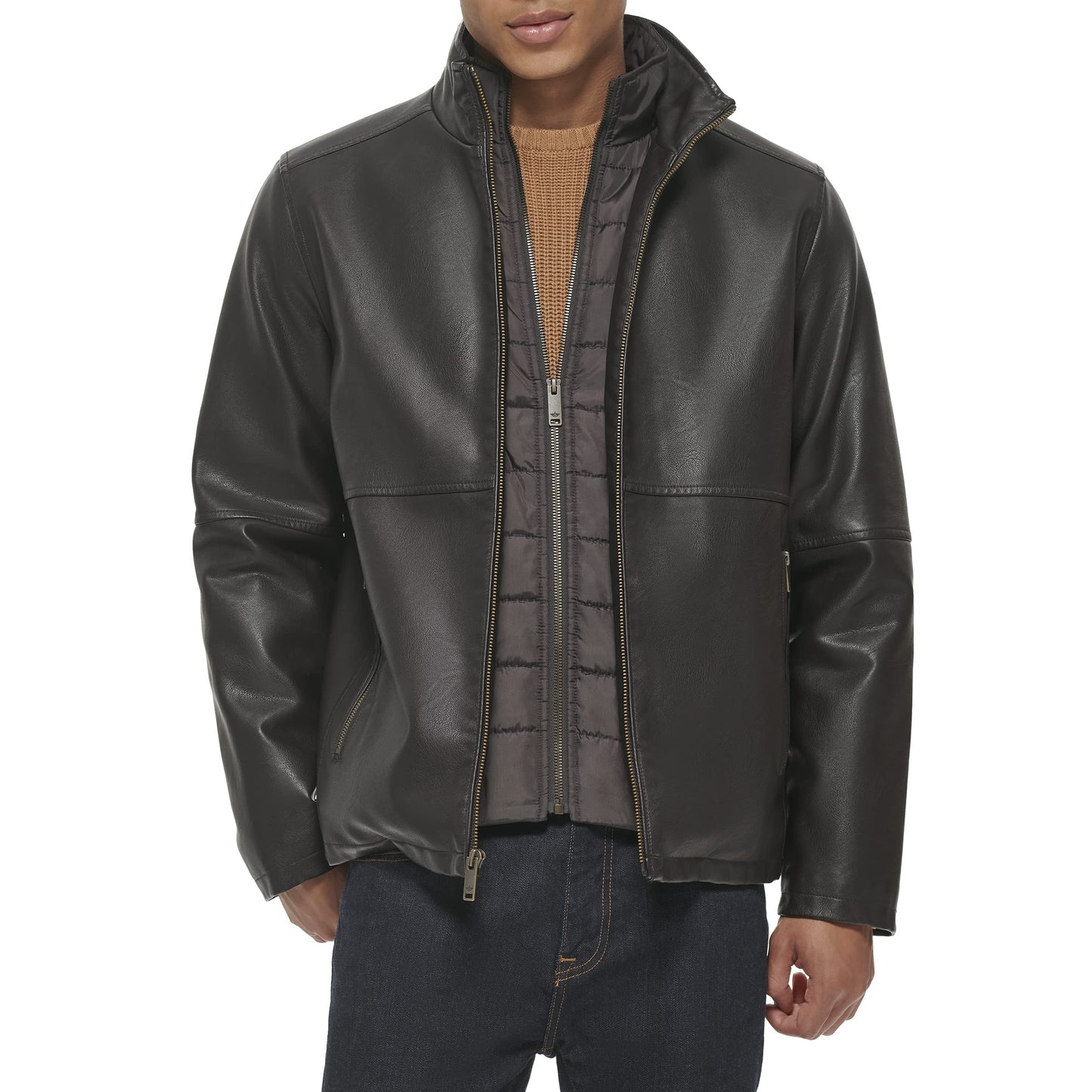 Docker's Men's The Dylan Faux Leather Racer Jacket, Dark Brown with Bib, Large