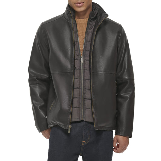Docker's Men's The Dylan Faux Leather Racer Jacket, Dark Brown with Bib, Large