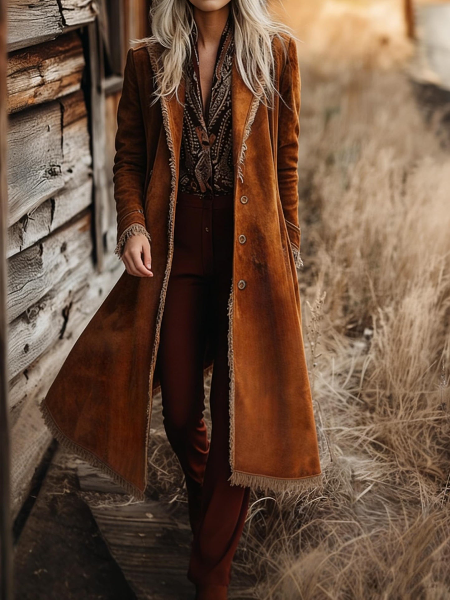 utcoco Women's Long Suede Trench Coat, Retro Western Coat with Tassel, Classic Lapel Windproof Trench Overcoat (Large, Brown)