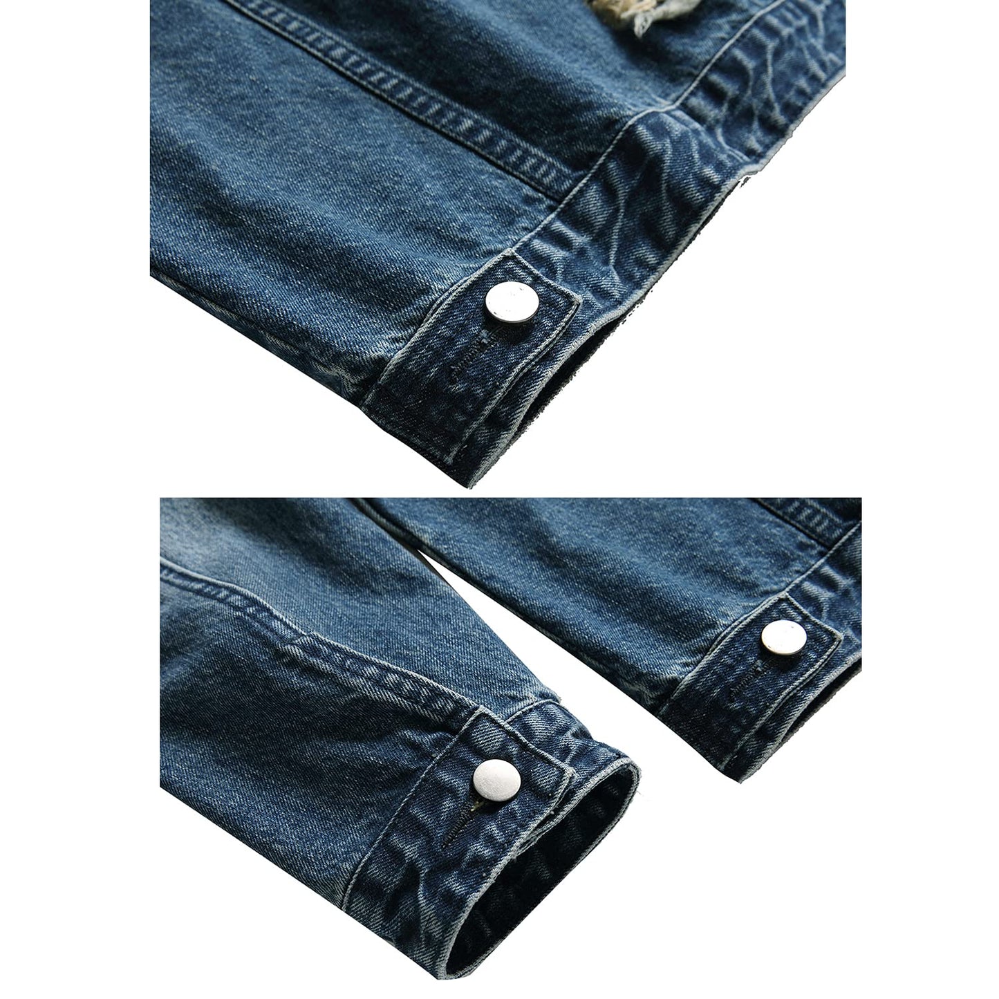 RANMCC Men's Elastic Ripped Denim Jacket, Vintage Washed Frayed Trucker Coat, Lightweight Casual All Season Street Outerwear (L, Dark Blue2071-8)