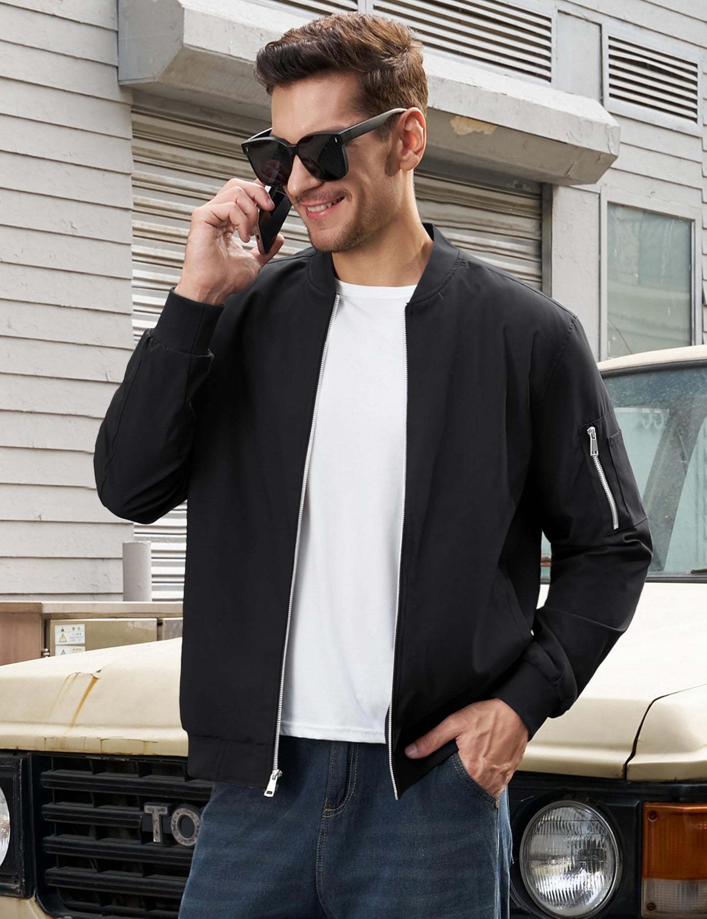 TACVASEN Bomber Jacket Men Black Jacket for Men Lightweight Lined Windbreaker Casual Outdoor Windproof Full Zip Warm Coats