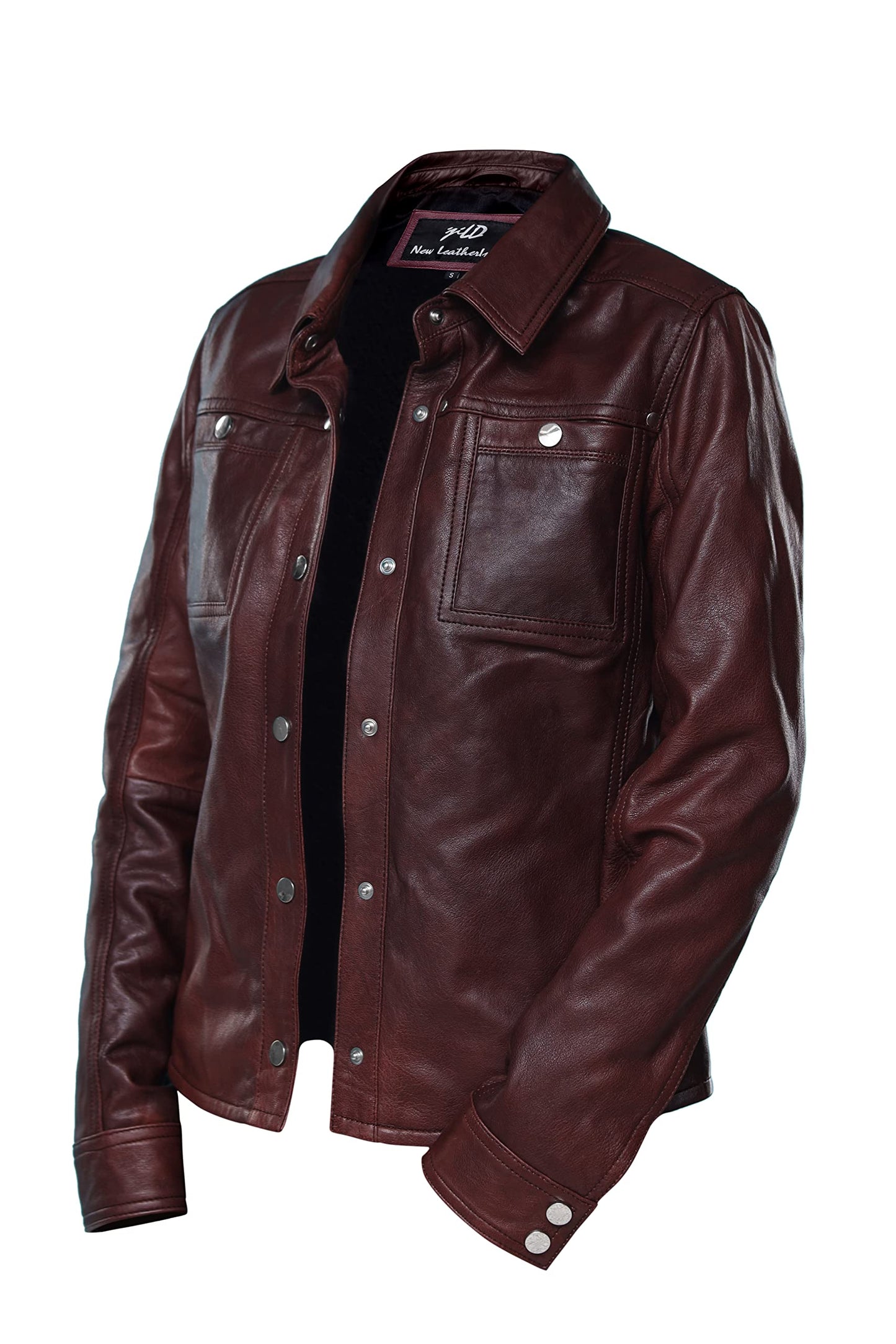 Jild Womens Button Front Lambskin Leather Jacket Shacket - Casual Shirt Long Sleeve Leather Jacket Women with Bust Pocket (Maroon-L)