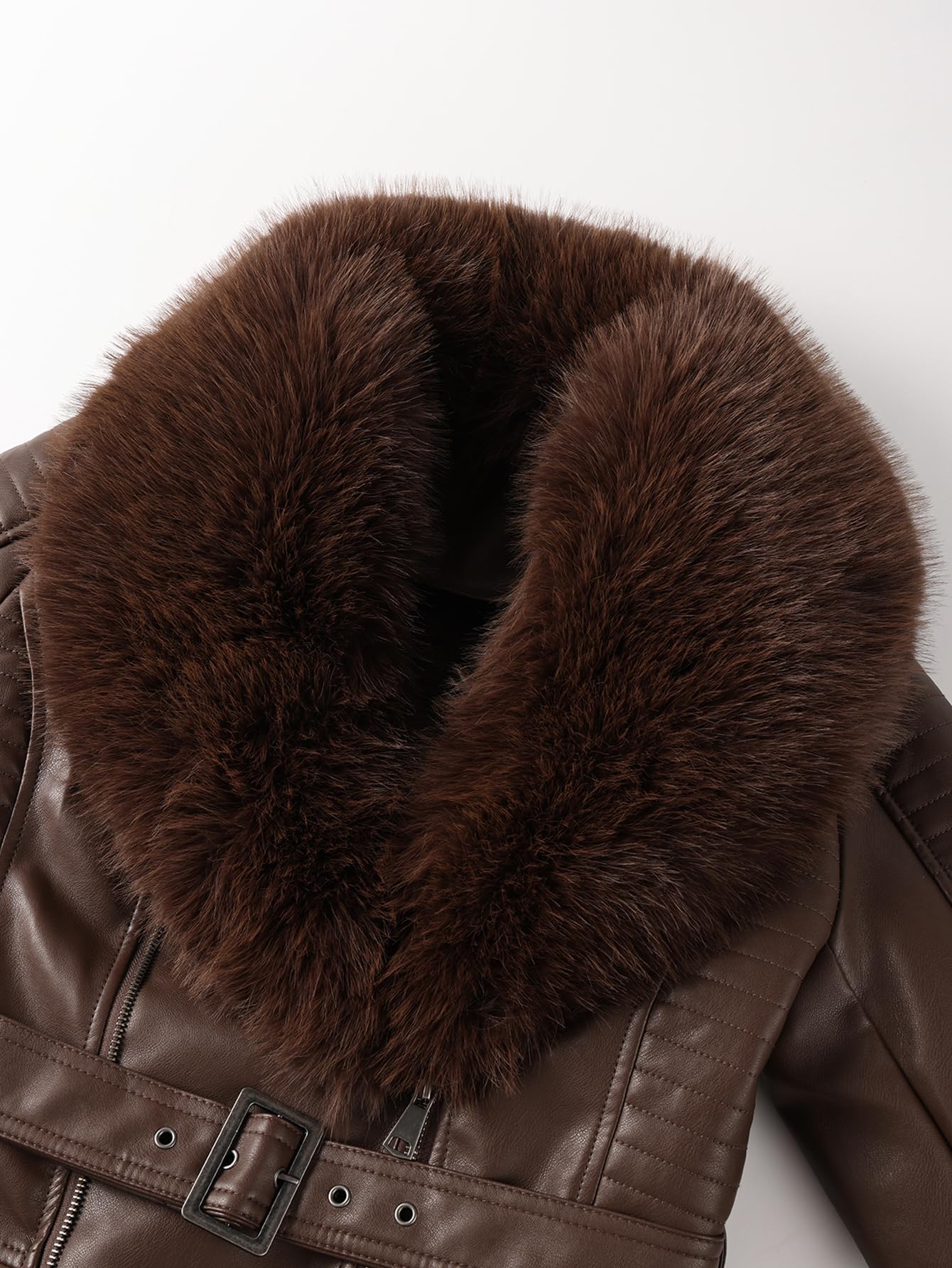 Bellivera Women's Faux Leather Jacket Moto Sherpa-Lined Coat Brown L
