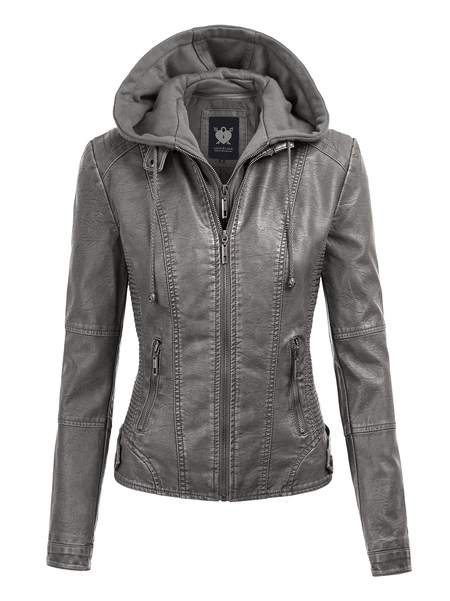Lock and Love LL WJC1044 Womens Faux Leather Quilted Motorcycle Jacket with Hoodie Medium Grey