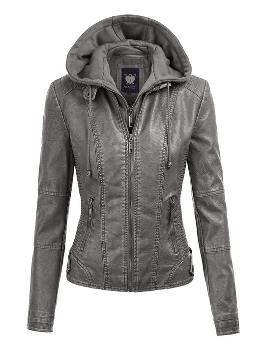 Lock and Love LL WJC1044 Womens Faux Leather Quilted Motorcycle Jacket with Hoodie Medium Grey