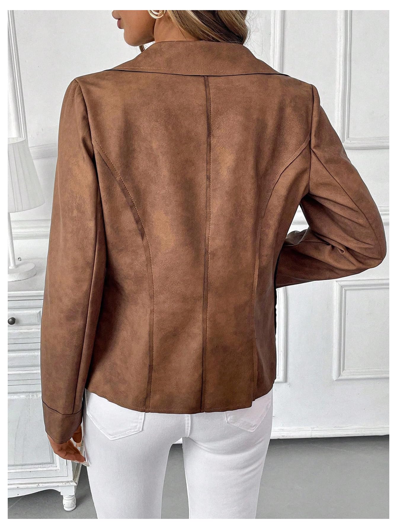 GORGLITTER Women's Going Out Jackets Outfits Faux Suede Jackets Trendy Long Sleeve Collar Leather Open Front Blazer Coat Brown Small