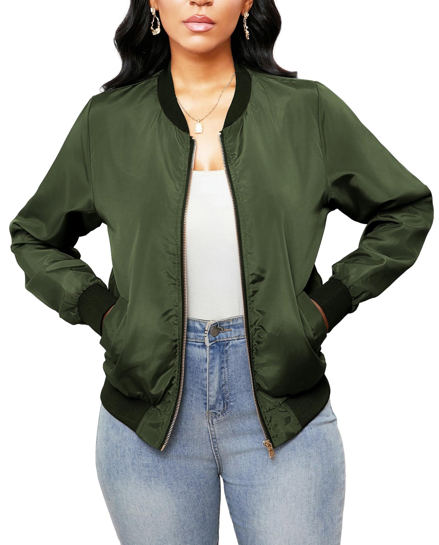 sexycherry ArmyGreen Bomber Jackets for Women Casual Short Outwear Coats