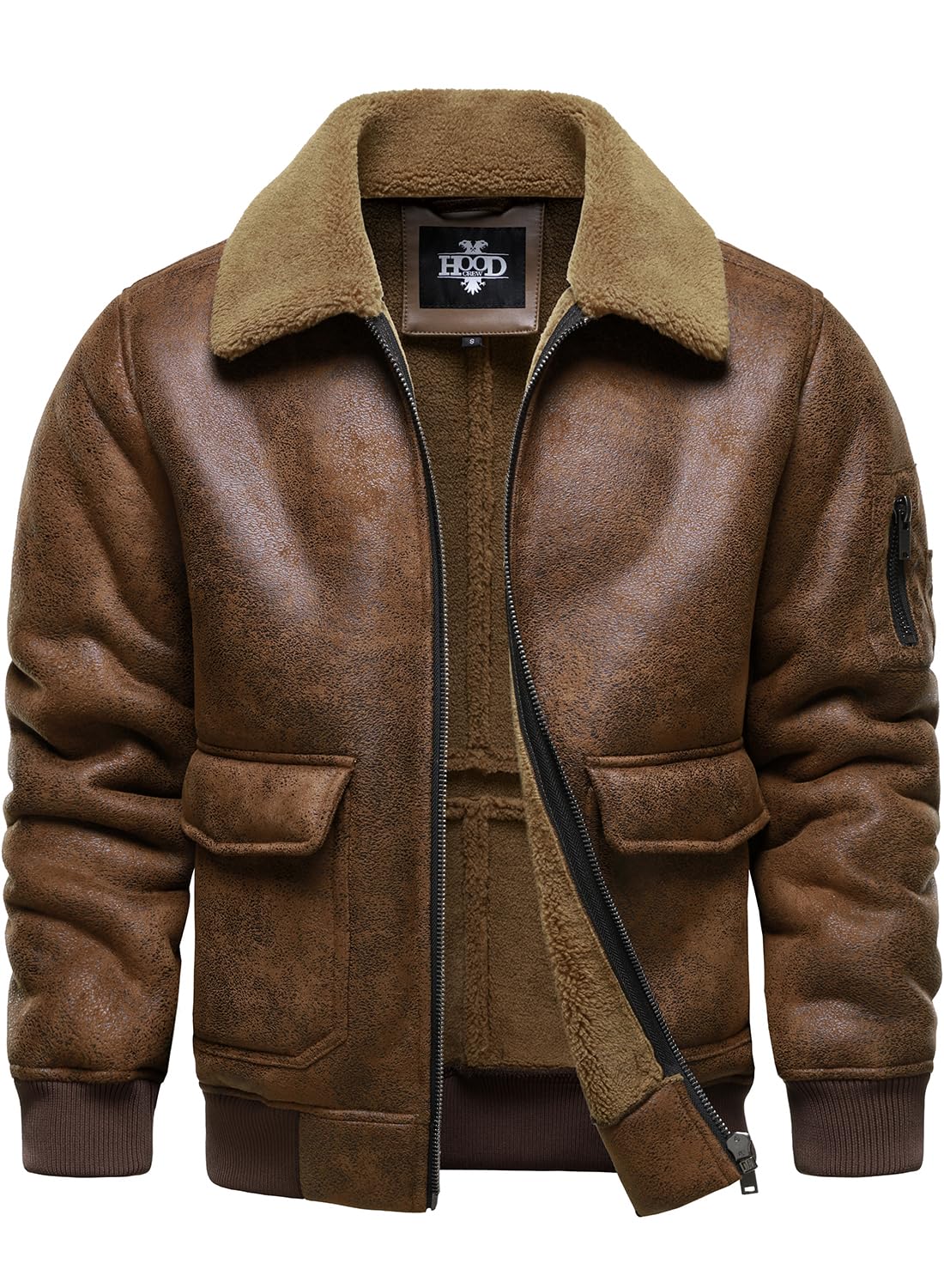 HOOD CREW Men's Faux Leather Motorcycle Jacket Men Bomber Jacket Warm Sherpa Fleece Lined Winter Coat Aviator Flight Jackets Brown L