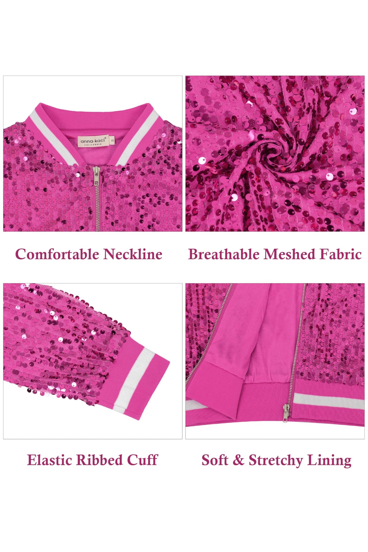 Anna-Kaci Women's Sparkly Sequin Bomber Jacket with Zipper, Hot Pink, L