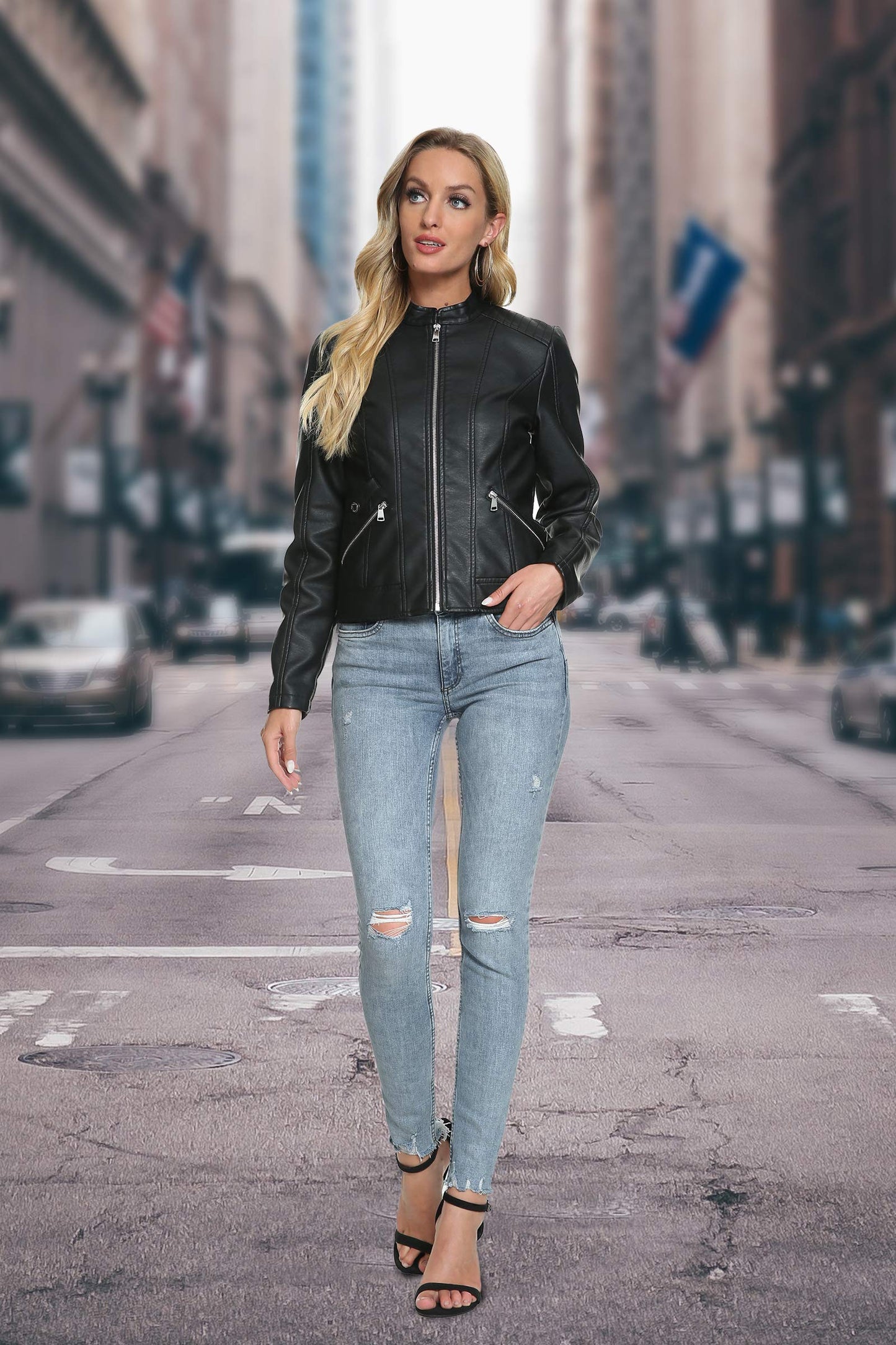 Fahsyee Women's Faux Leather Jackets,Black Crop Petite Zip Up Motorcycle Short PU Moto Biker Outwear Stand Collar Fitted Slim Coat, Size XL