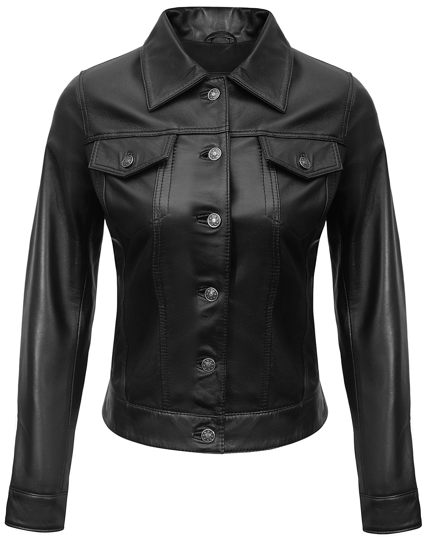 UrbanFocal Stylish Black Leather Jacket Women - Real Lambskin Button Down Women's Leather Jackets | [101007206] F.Trucker Black, 2XL