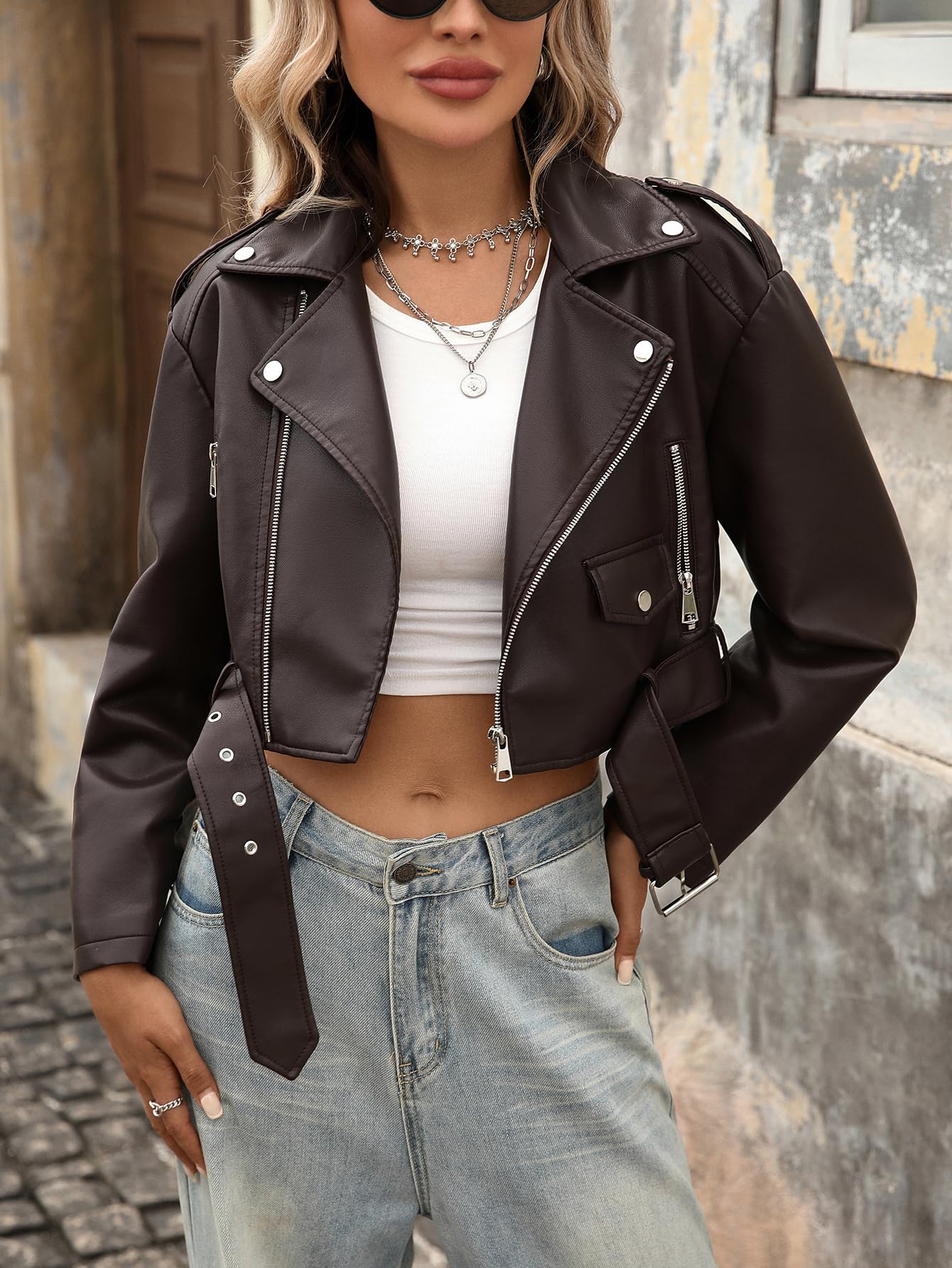 LY VAREY LIN Women Faux Leather Cropped Jacket Bomber Aviator Motor Biker Coat with Belt