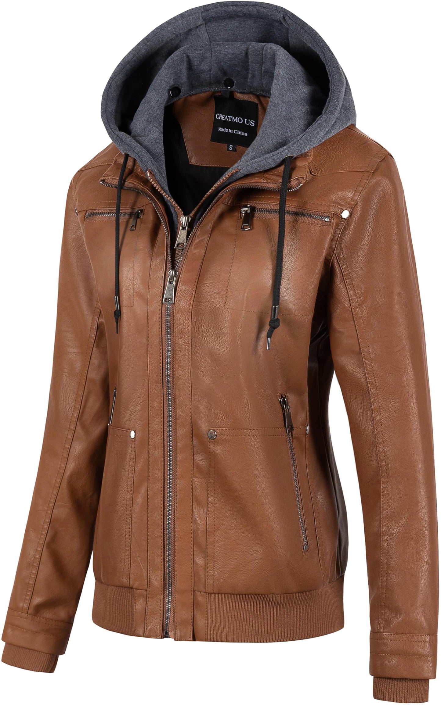 CREATMO US Faux Leather Jacket Women Womens Bomber Jackets Fashion Zip Up Lightweight Moto Biker Coat With Hood Brown 4XL